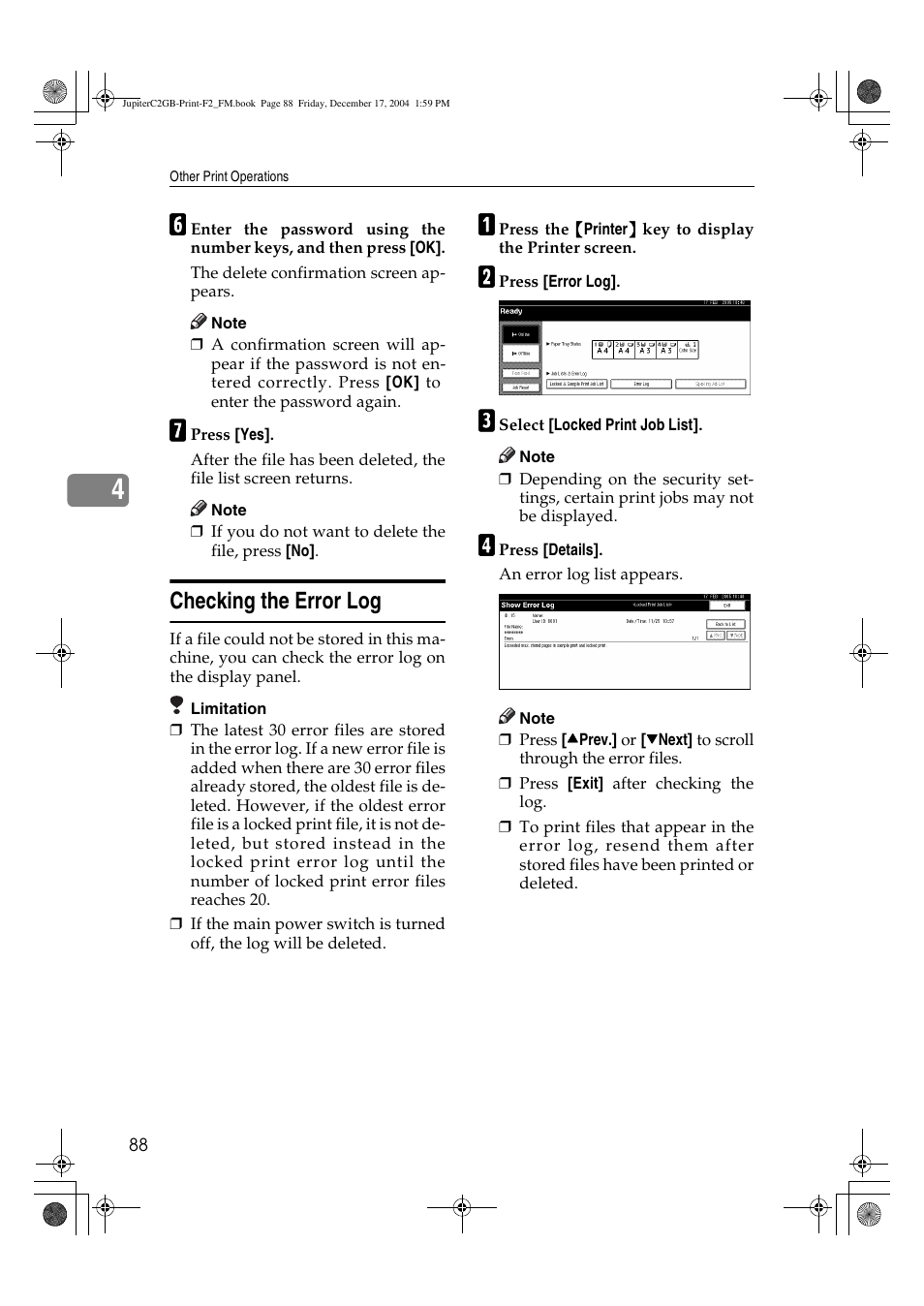 Checking the error log | Ricoh Aficio 3228C User Manual | Page 94 / 168