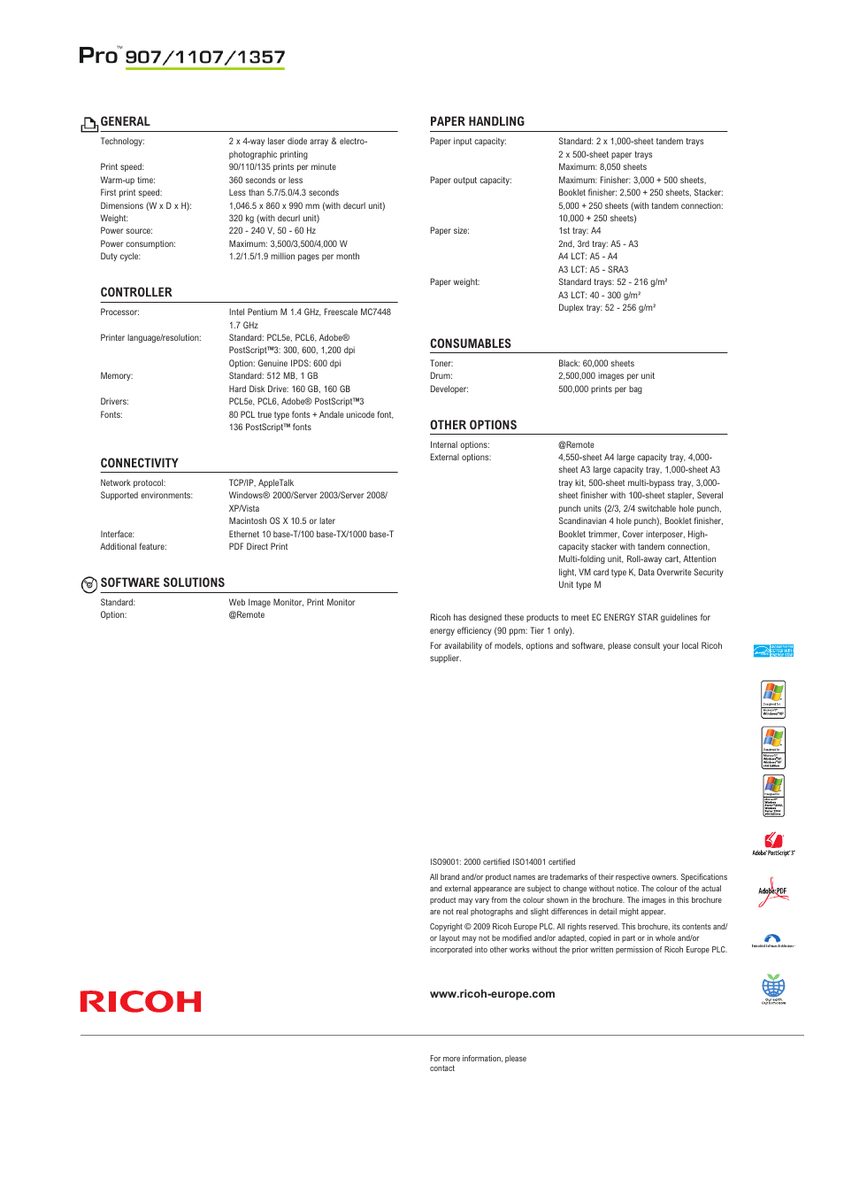 General, Controller, Connectivity | Software solutions, Paper handling, Consumables, Other options | Ricoh 907 User Manual | Page 12 / 12