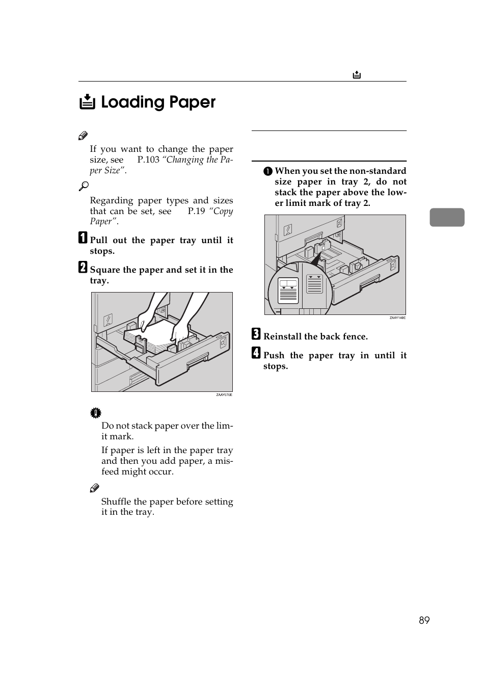 Loading paper, P.89 “b loading pa, P.89 “b loading paper | 3b loading paper | Ricoh 270 User Manual | Page 101 / 160