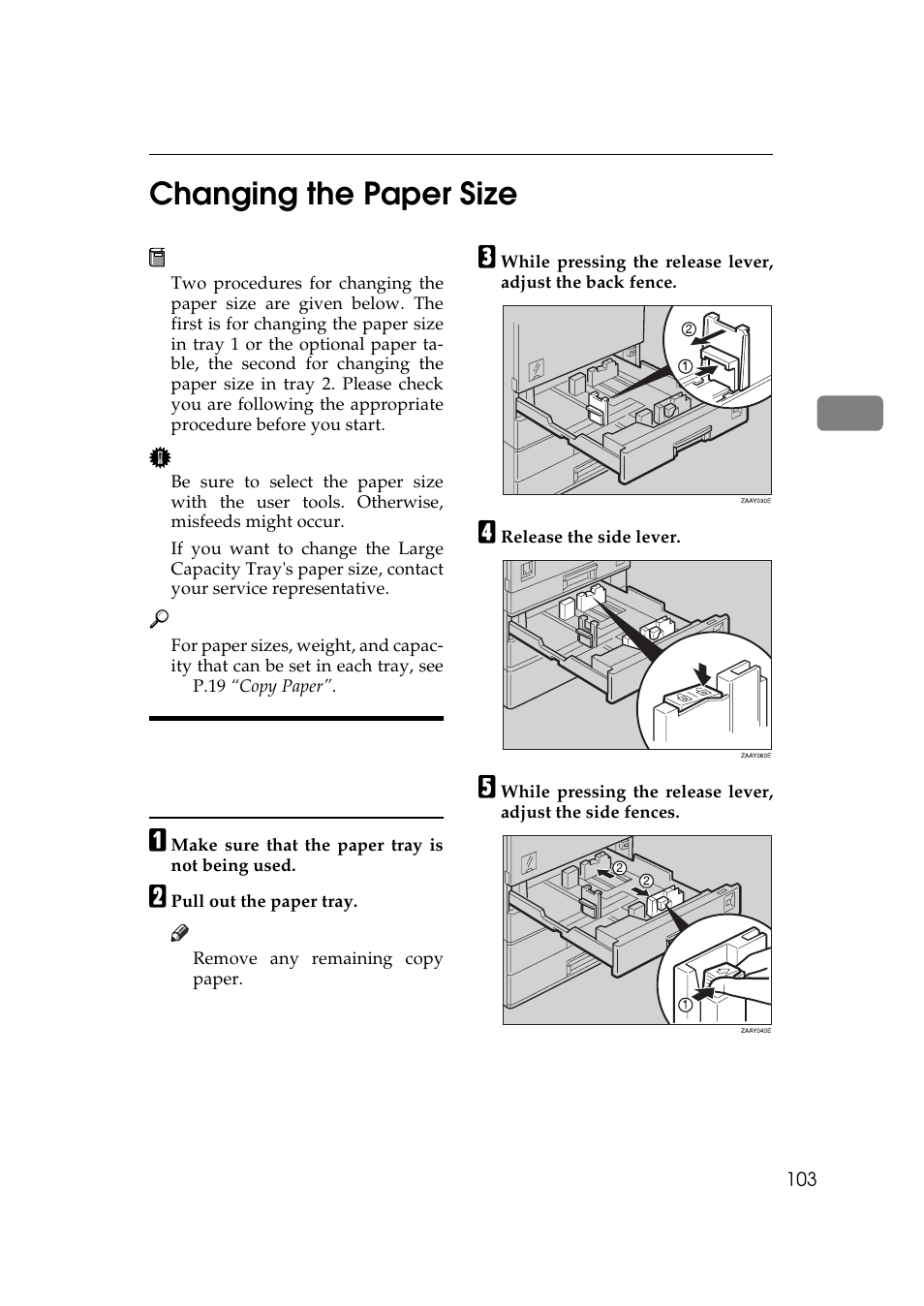 Changing the paper size, P.103, P.103 “changing the paper size | P.103 “changing the paper, Size, P.103 “changing the pa, Per size, 3changing the paper size | Ricoh 270 User Manual | Page 115 / 160