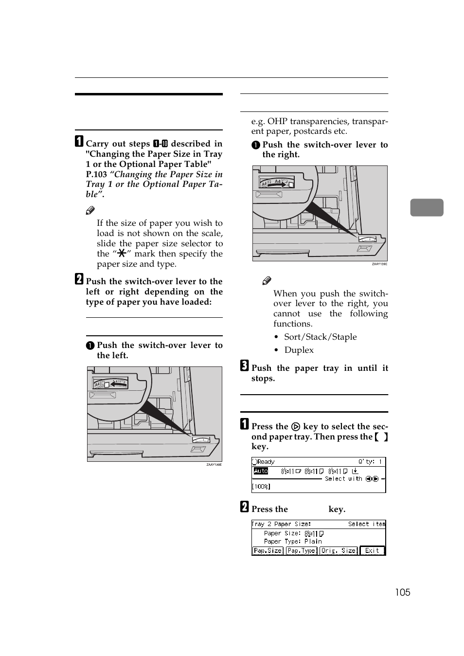 Changing the paper size in tray 2, P.105 “changing, The paper size in tray 2 | P.105 “changing the, Paper size in tray 2 | Ricoh 270 User Manual | Page 117 / 160
