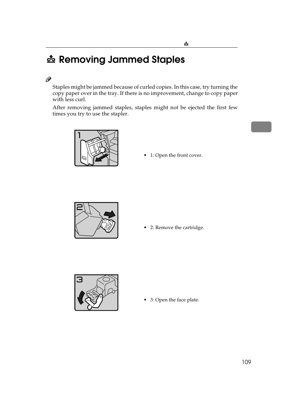 Removing jammed staples, P.109 “e removing jammed staples, P.109 “e removing jammed | Staples, 3e removing jammed staples | Ricoh 270 User Manual | Page 121 / 160