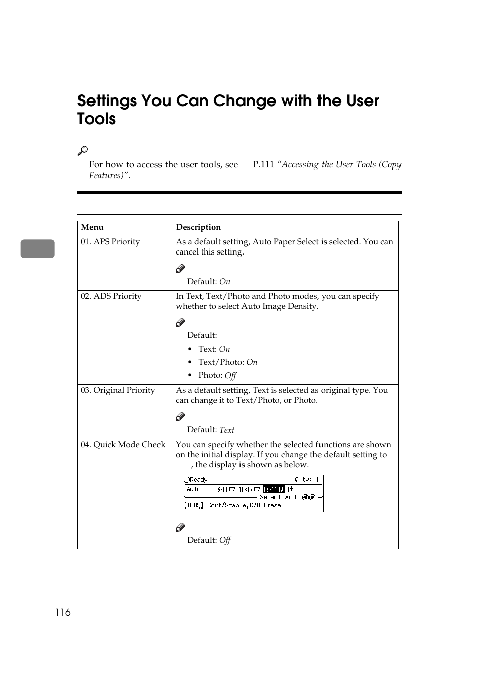 Settings you can change with the user tools, General features, P.116 “1. general | Features 1/4, P.116 “set, Tings you can change with the user tools, P.116 “settings you can, Change with the user tools, 4settings you can change with the user tools | Ricoh 270 User Manual | Page 128 / 160