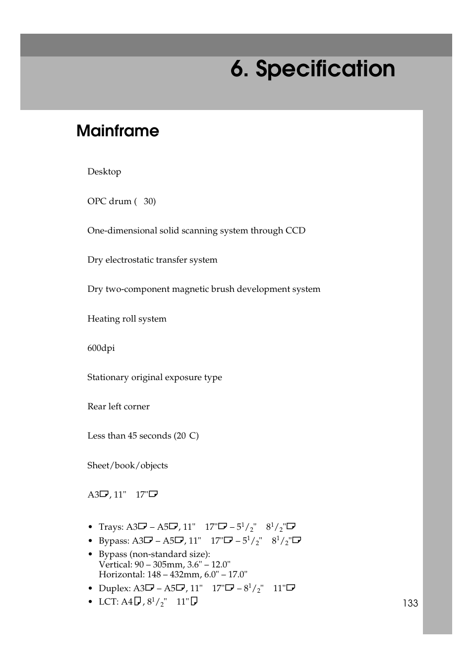 Specification, Mainframe | Ricoh 270 User Manual | Page 145 / 160