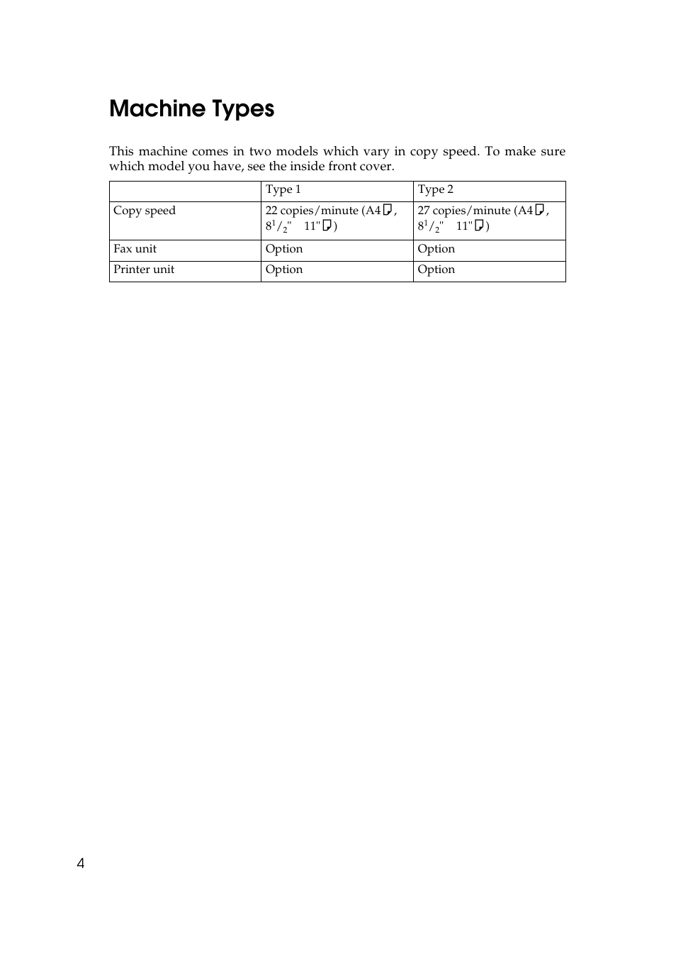 Machine types”.), Machine types | Ricoh 270 User Manual | Page 16 / 160