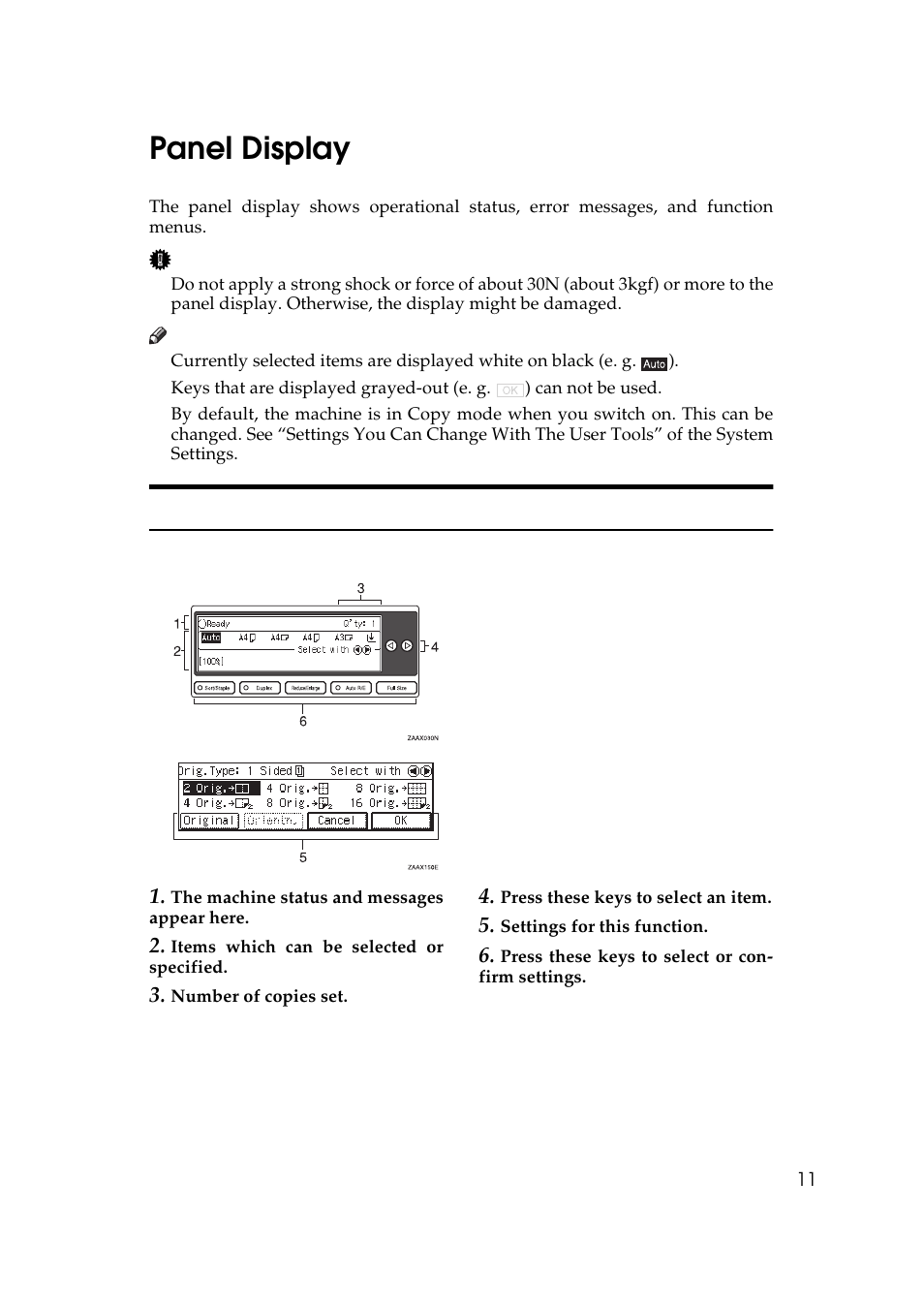 Panel display, Displays and key operations, P.11 “panel | Display | Ricoh 270 User Manual | Page 23 / 160