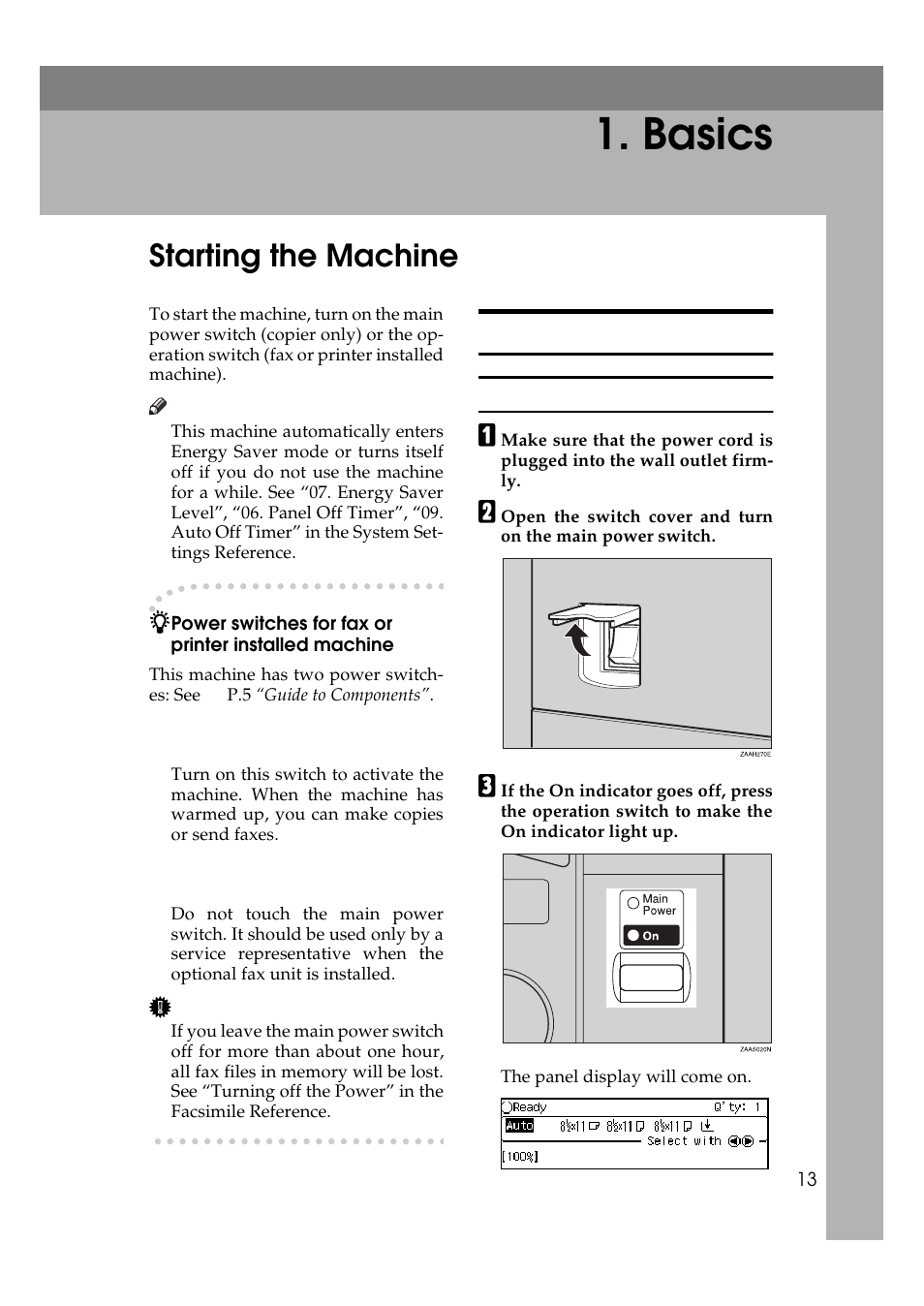 Basics, Starting the machine, Turning on the power | Ricoh 270 User Manual | Page 25 / 160