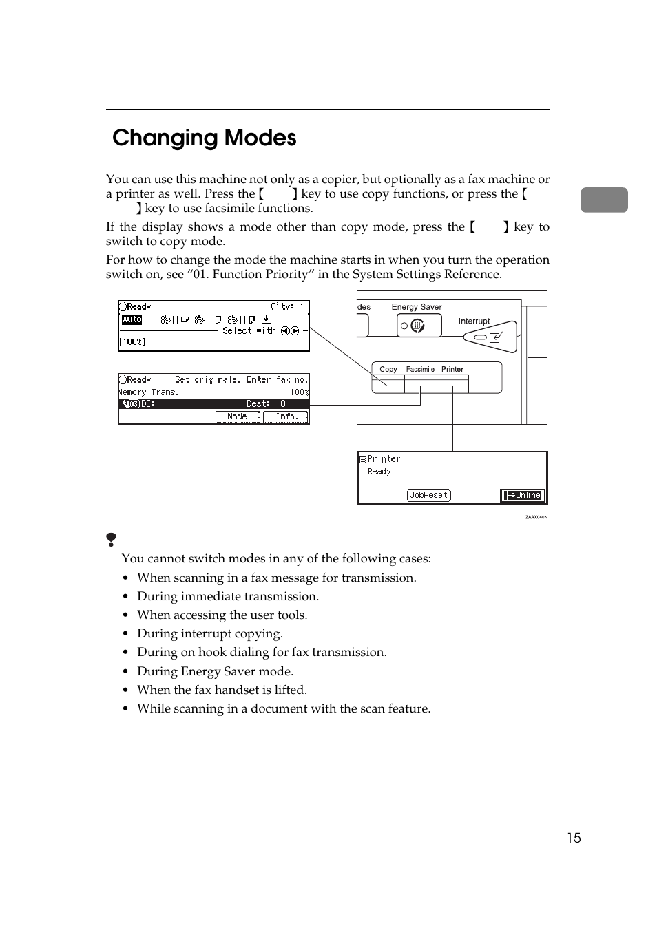 Changing modes, 1changing modes | Ricoh 270 User Manual | Page 27 / 160