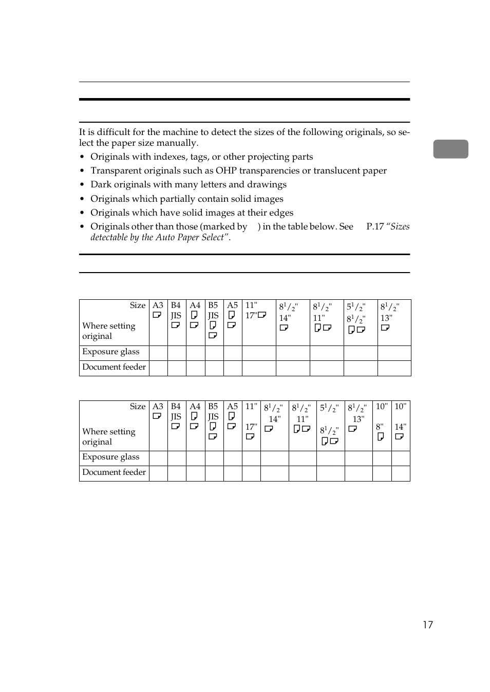 Sizes difficult to detect | Ricoh 270 User Manual | Page 29 / 160
