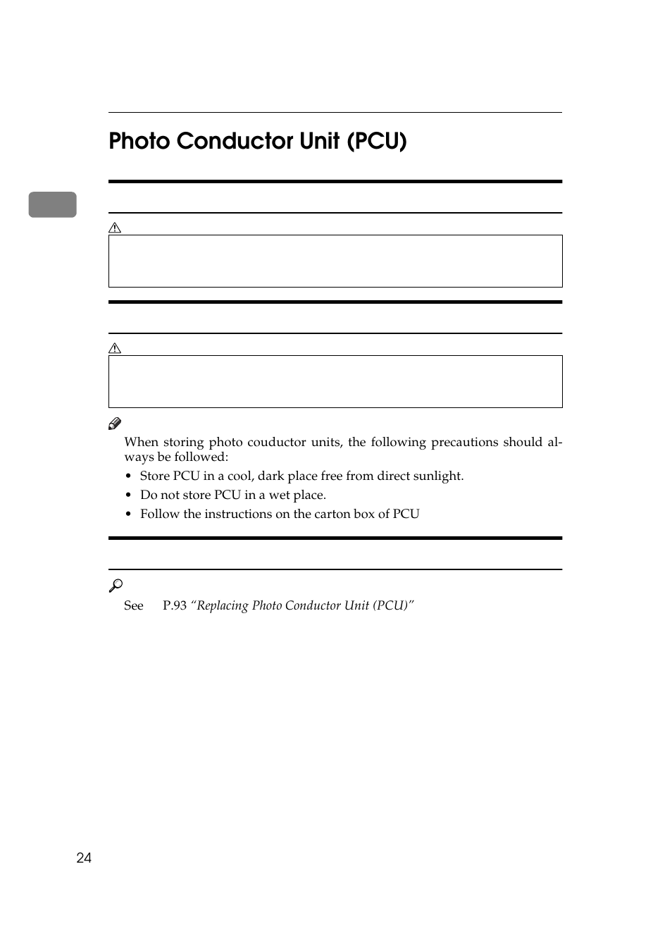 Photo conductor unit (pcu), 1photo conductor unit (pcu), Handling photo conductor unit | Photo conductor unit storage, Replacing photo conductor unit | Ricoh 270 User Manual | Page 36 / 160
