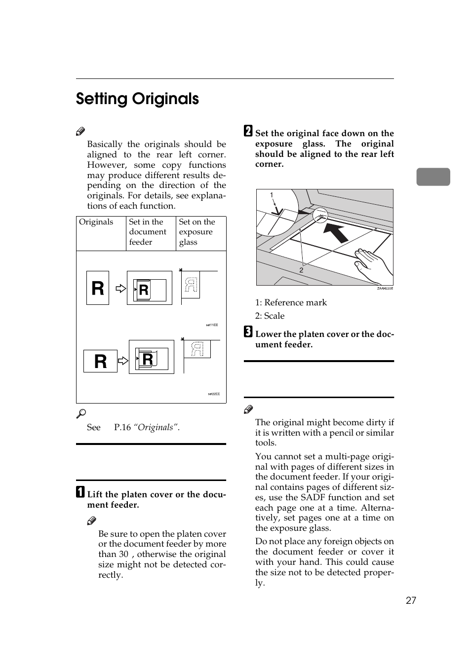 Setting originals, P.27 “setting originals, 2setting originals | Setting originals on the exposure glass, Setting originals in the document feeder | Ricoh 270 User Manual | Page 39 / 160