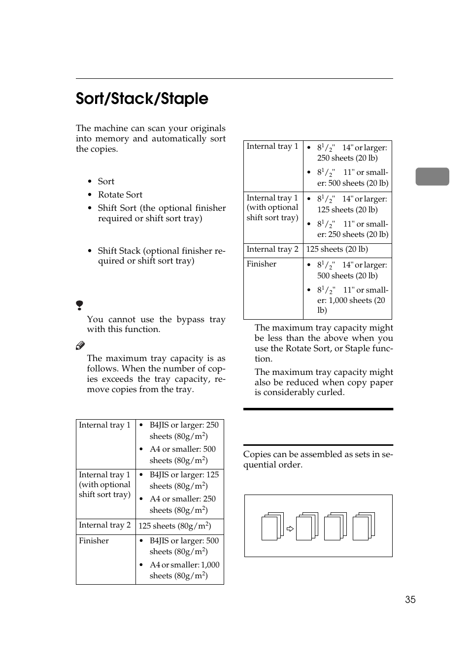 Sort/stack/staple, Sort—sorting into sets (123, 123, 123), 2sort/stack/staple | Sort, Stack, Staple (the optional finisher required), Metric version ❖ inch version | Ricoh 270 User Manual | Page 47 / 160