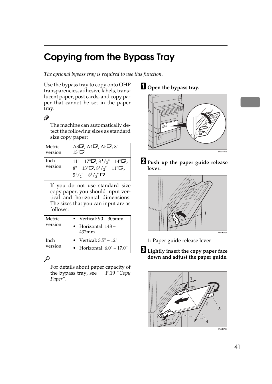 Copying from the bypass tray, P.41 “copying from the bypass tray, P.41 “copying from the by | Pass tray, 2copying from the bypass tray | Ricoh 270 User Manual | Page 53 / 160