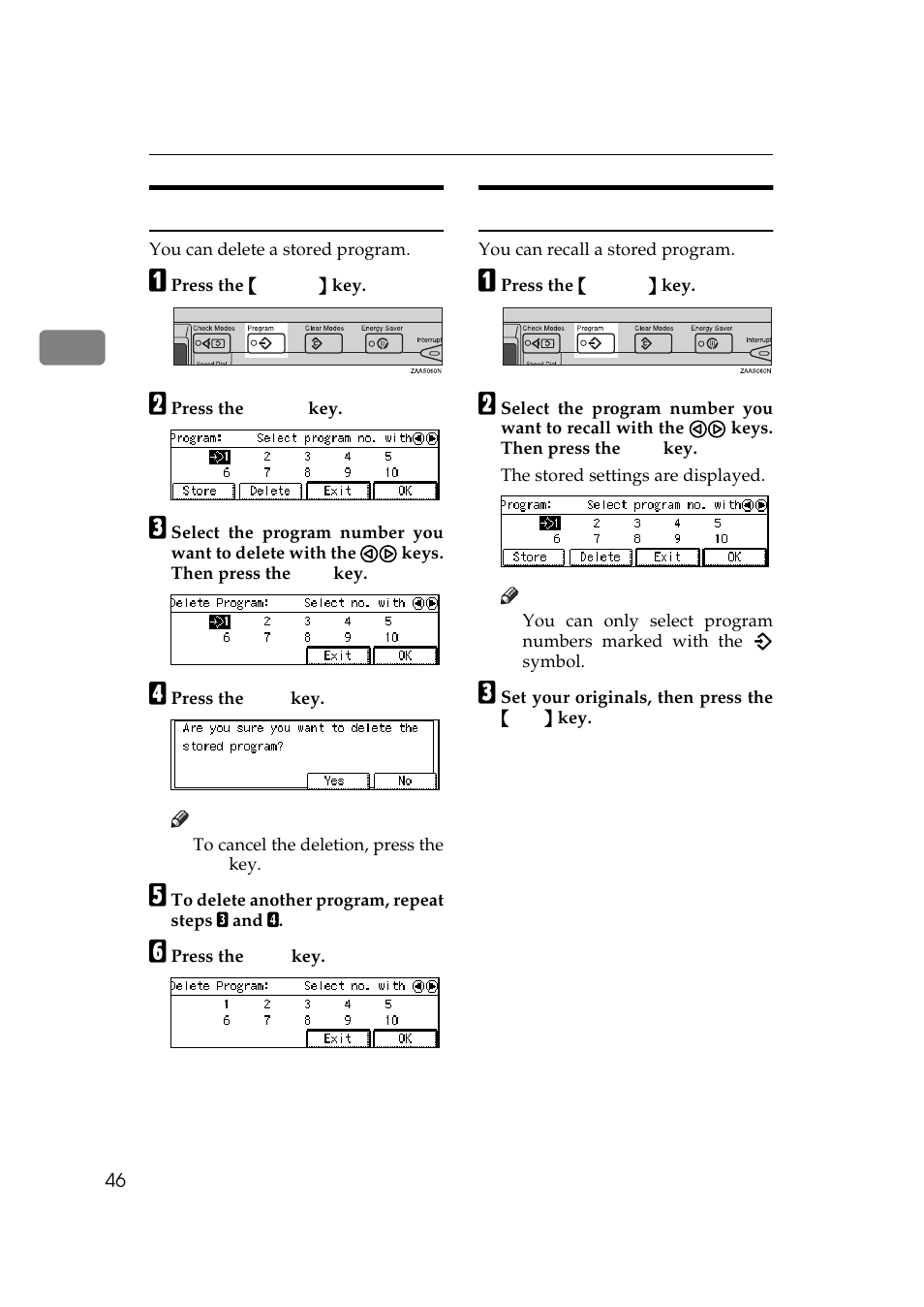 Deleting a program recalling a program, Deleting a program, Recalling a program | Ricoh 270 User Manual | Page 58 / 160
