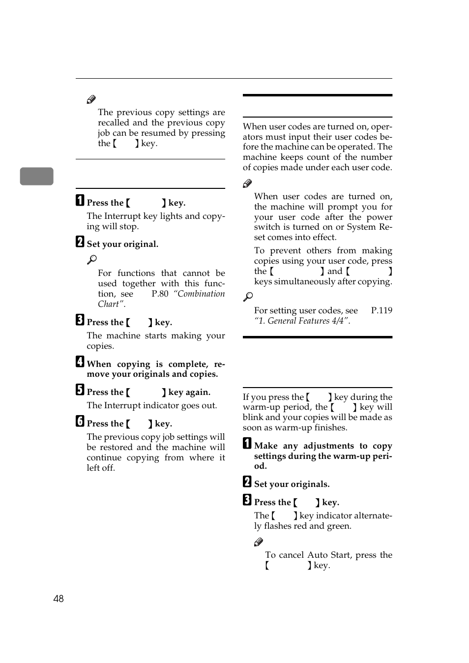 P.48 “auto start—en, P.48 “auto start, P.48 “user codes | User codes | Ricoh 270 User Manual | Page 60 / 160