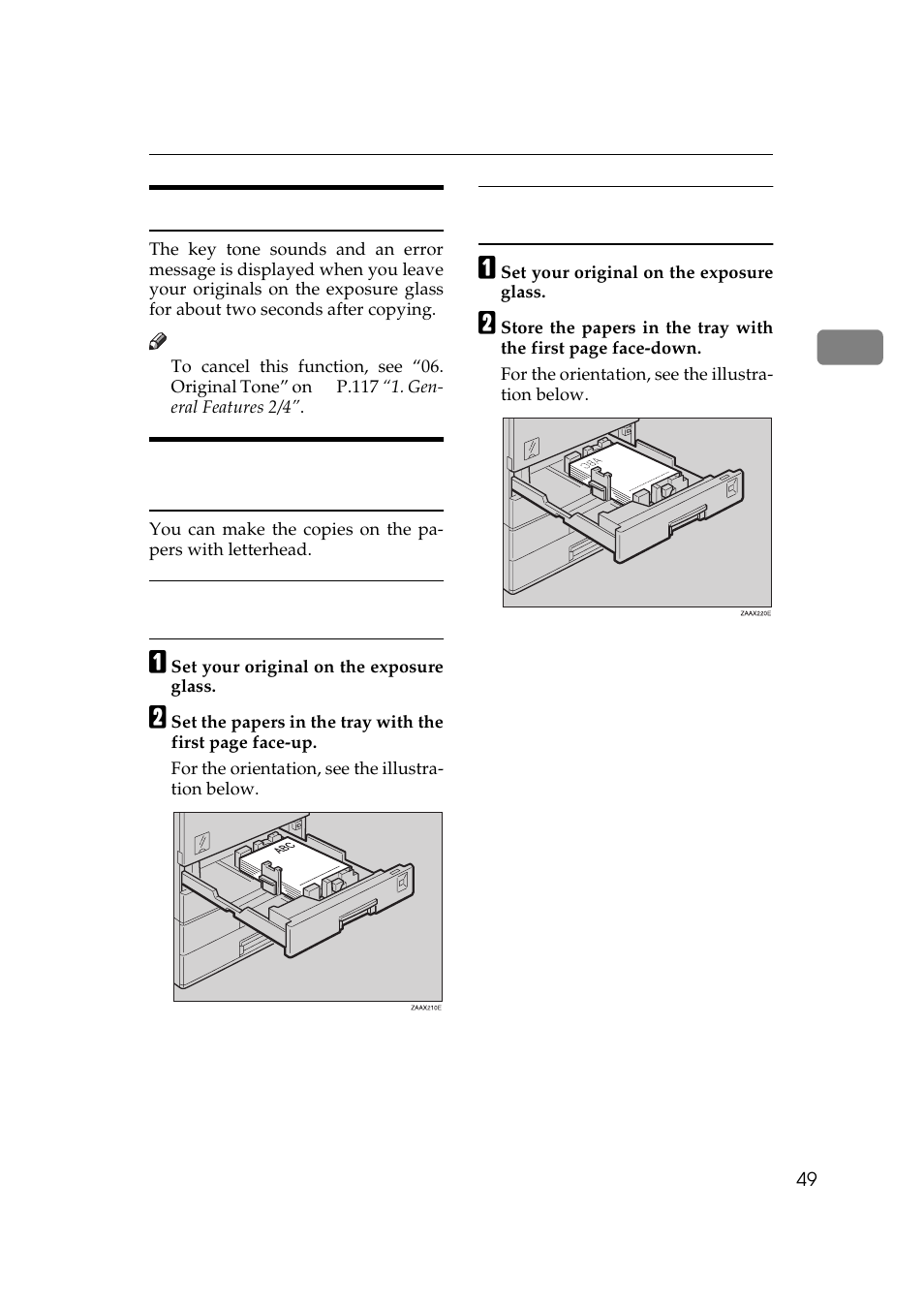 Original tone, How to set the papers with letterhead | Ricoh 270 User Manual | Page 61 / 160