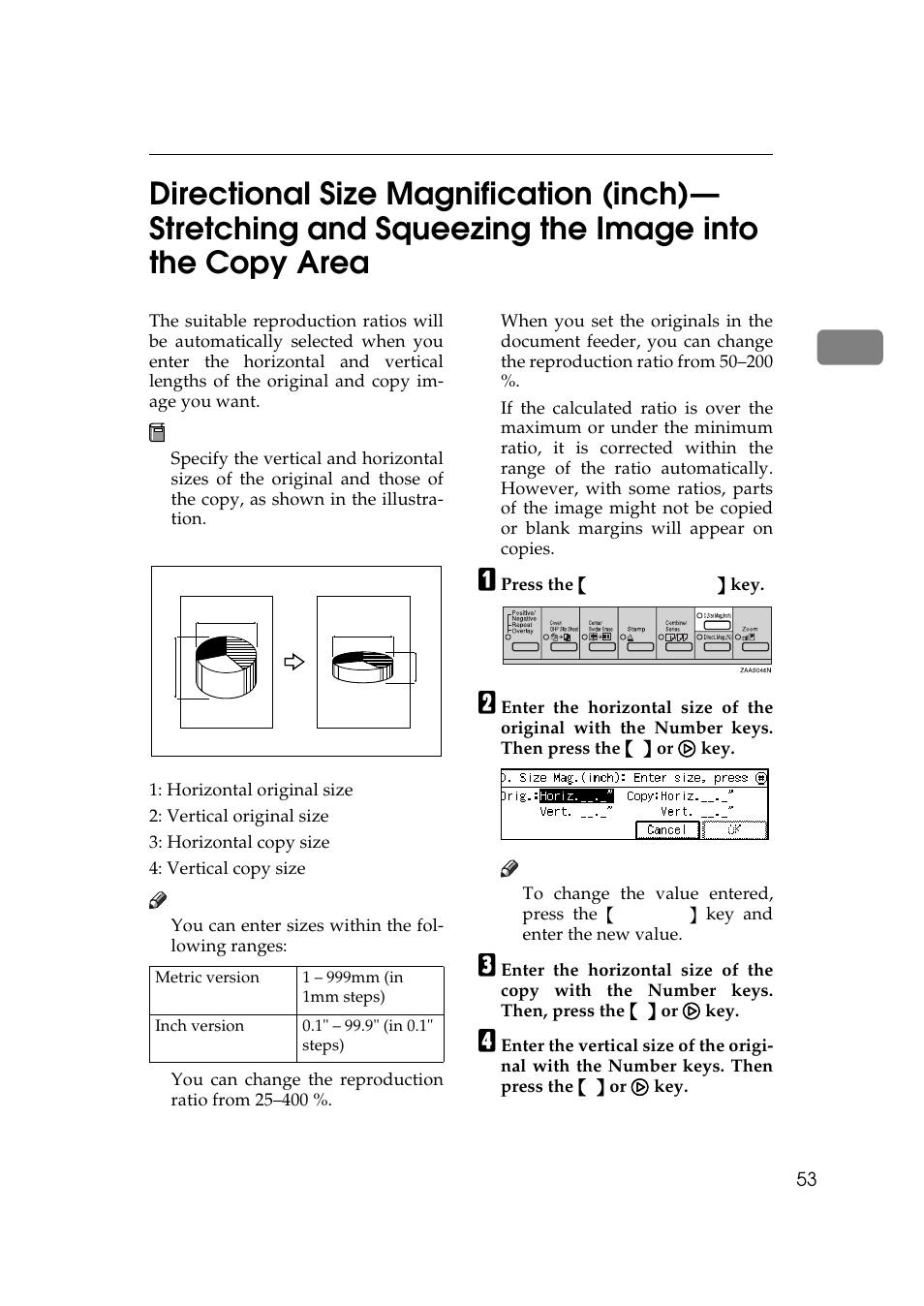 The image into the copy area, P.53 “directional size | Ricoh 270 User Manual | Page 65 / 160