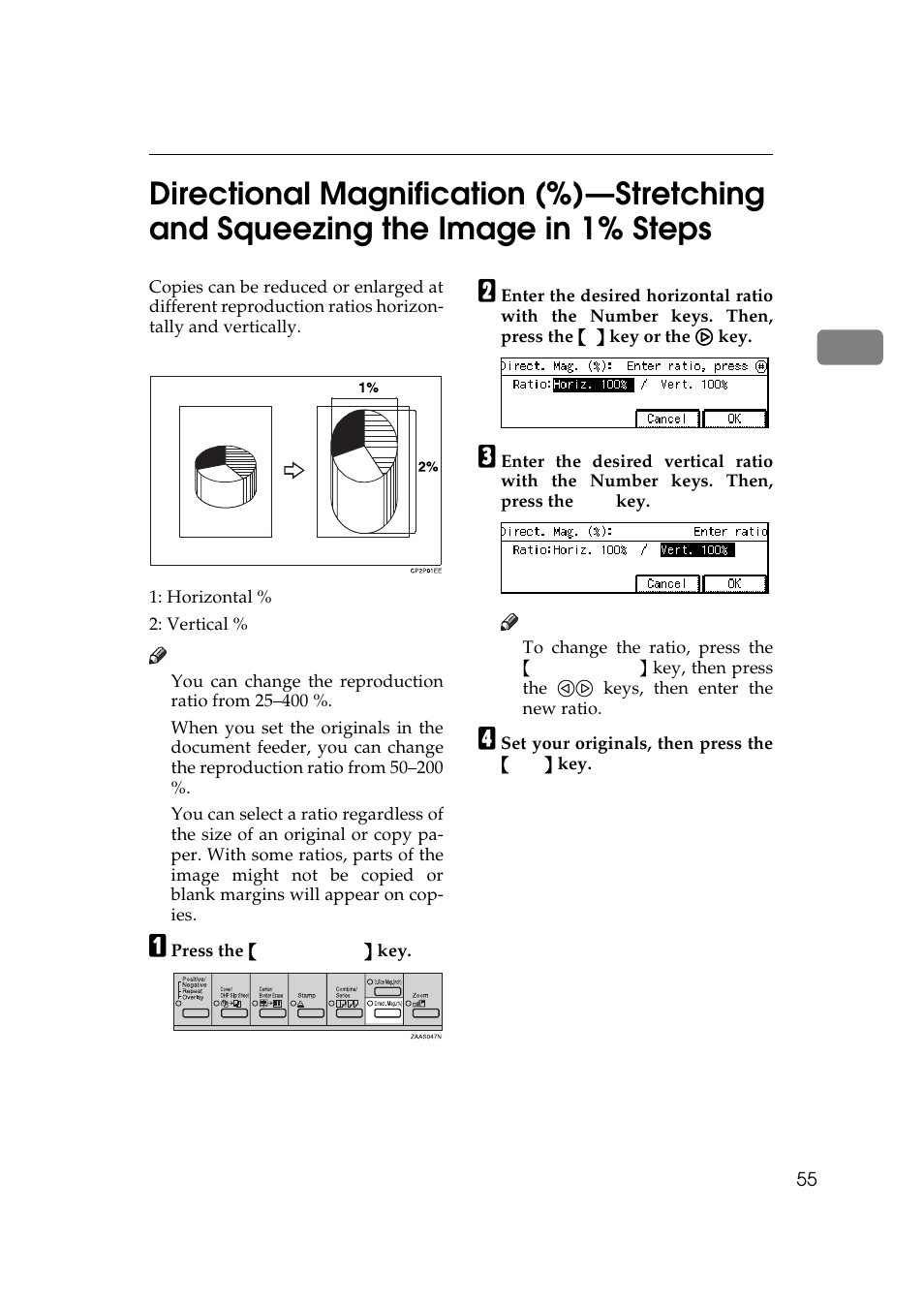 The image in 1% steps, P.55 “directional magnifica | Ricoh 270 User Manual | Page 67 / 160