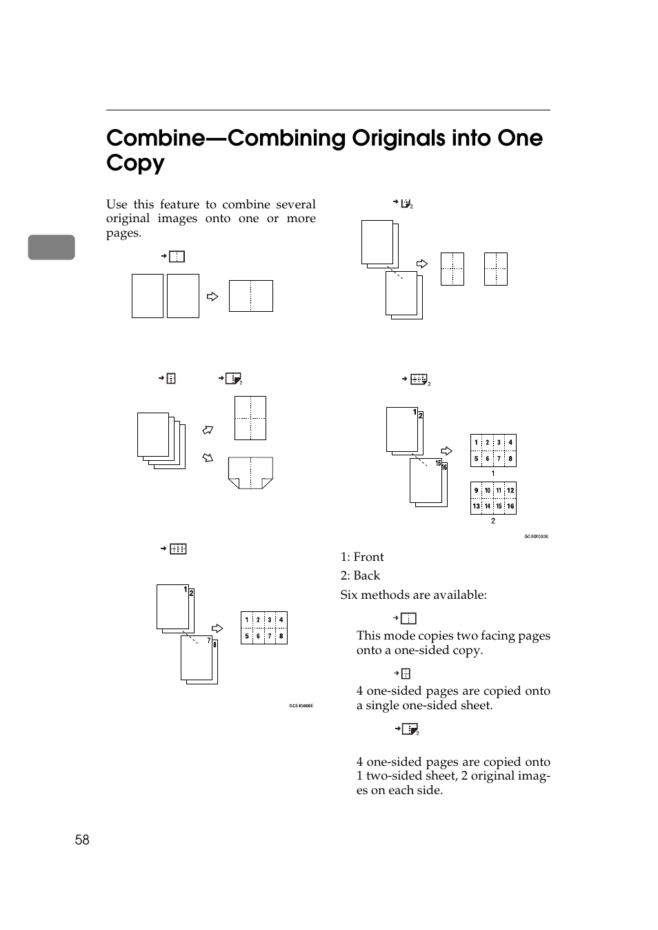 Combine—combining originals into one copy, P.58 “combine—combining originals into one copy, 2combine—combining originals into one copy | 2 orig, 4 orig, 4 orig. (optional duplex unit is required.) | Ricoh 270 User Manual | Page 70 / 160