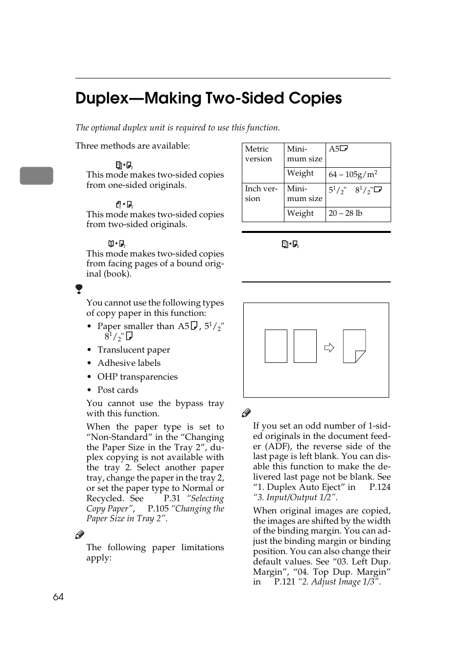 Duplex—making two-sided copies, P.64 “du, Plex—making two-sided copies | 2duplex—making two-sided copies | Ricoh 270 User Manual | Page 76 / 160