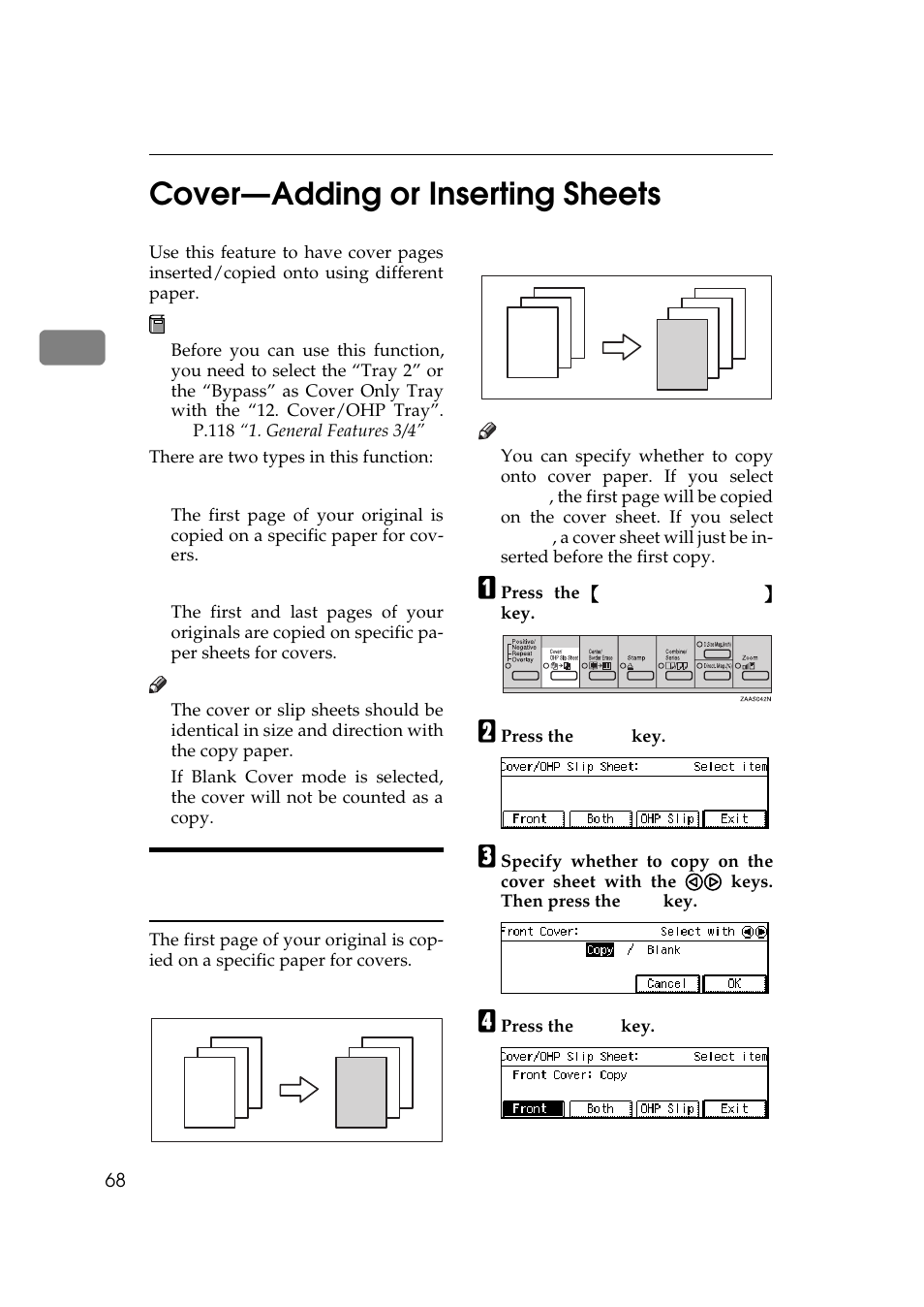 Cover—adding or inserting sheets, Front cover—copying or adding a front cover, P.68 “cover—adding or inserting | Sheets, 2cover—adding or inserting sheets | Ricoh 270 User Manual | Page 80 / 160