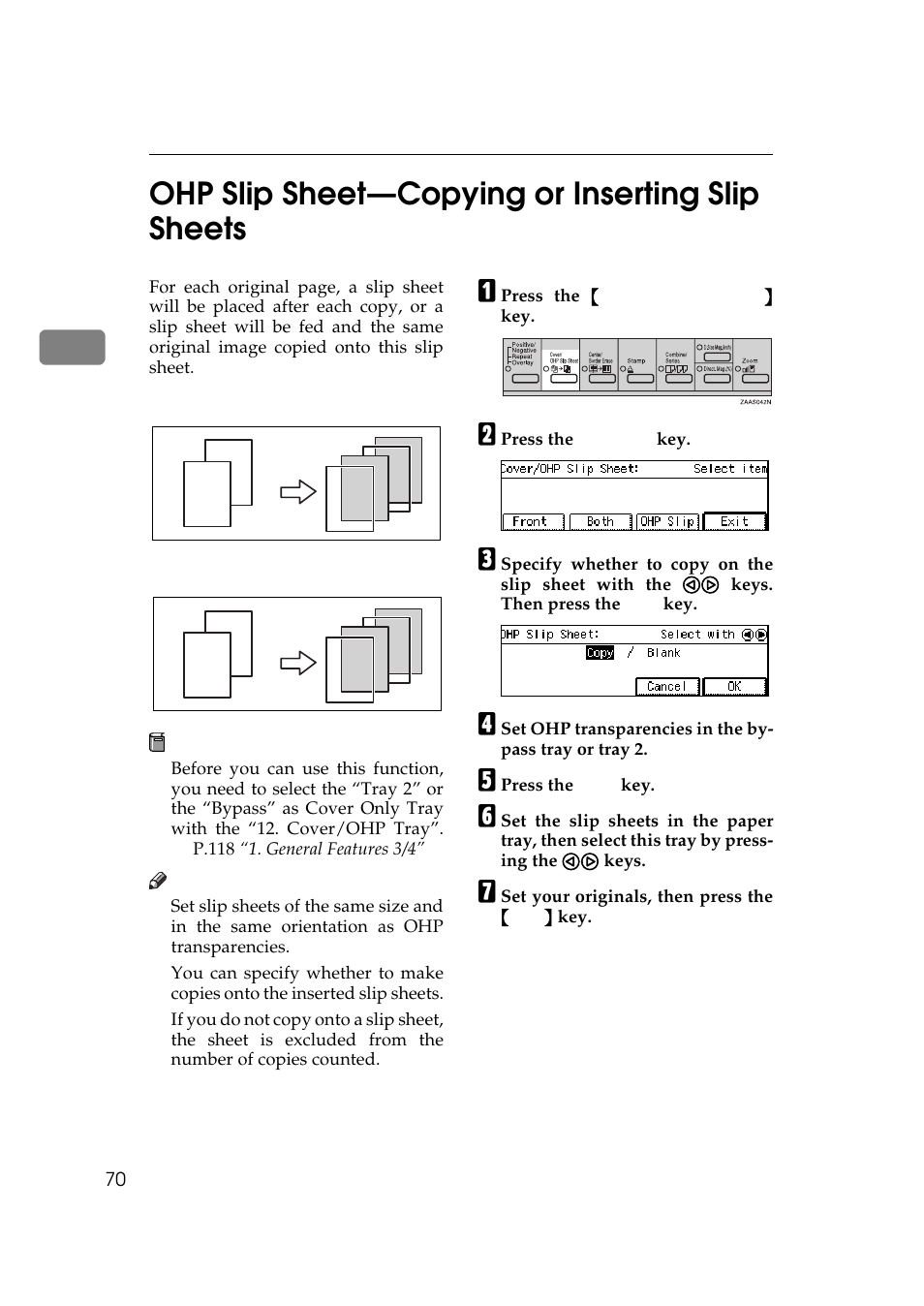 Ohp slip sheet—copying or inserting slip sheets, P.70 “ohp slip sheet, Copying or inserting slip sheets | 2ohp slip sheet—copying or inserting slip sheets | Ricoh 270 User Manual | Page 82 / 160