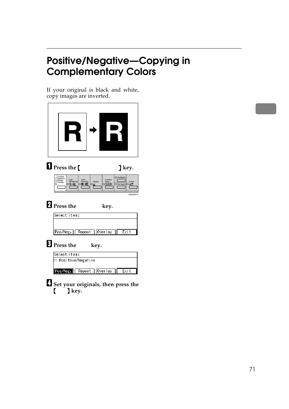 Positive/negative—copying in complementary colors, Ies. see, P.71 “positive/negative | Copying in complementary colors, 2positive/negative—copying in complementary colors | Ricoh 270 User Manual | Page 83 / 160