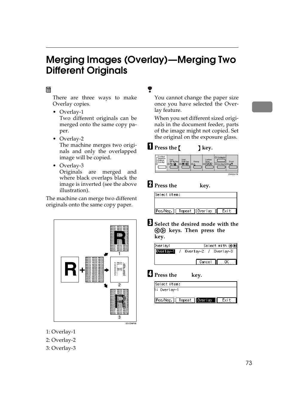 P.73 “merging images (over, Lay)—merging two different origi- nals | Ricoh 270 User Manual | Page 85 / 160