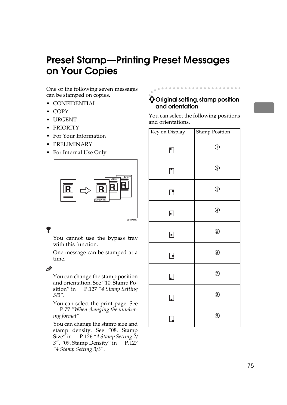 P.75 “preset stamp—print, Ing preset messages on your copies | Ricoh 270 User Manual | Page 87 / 160