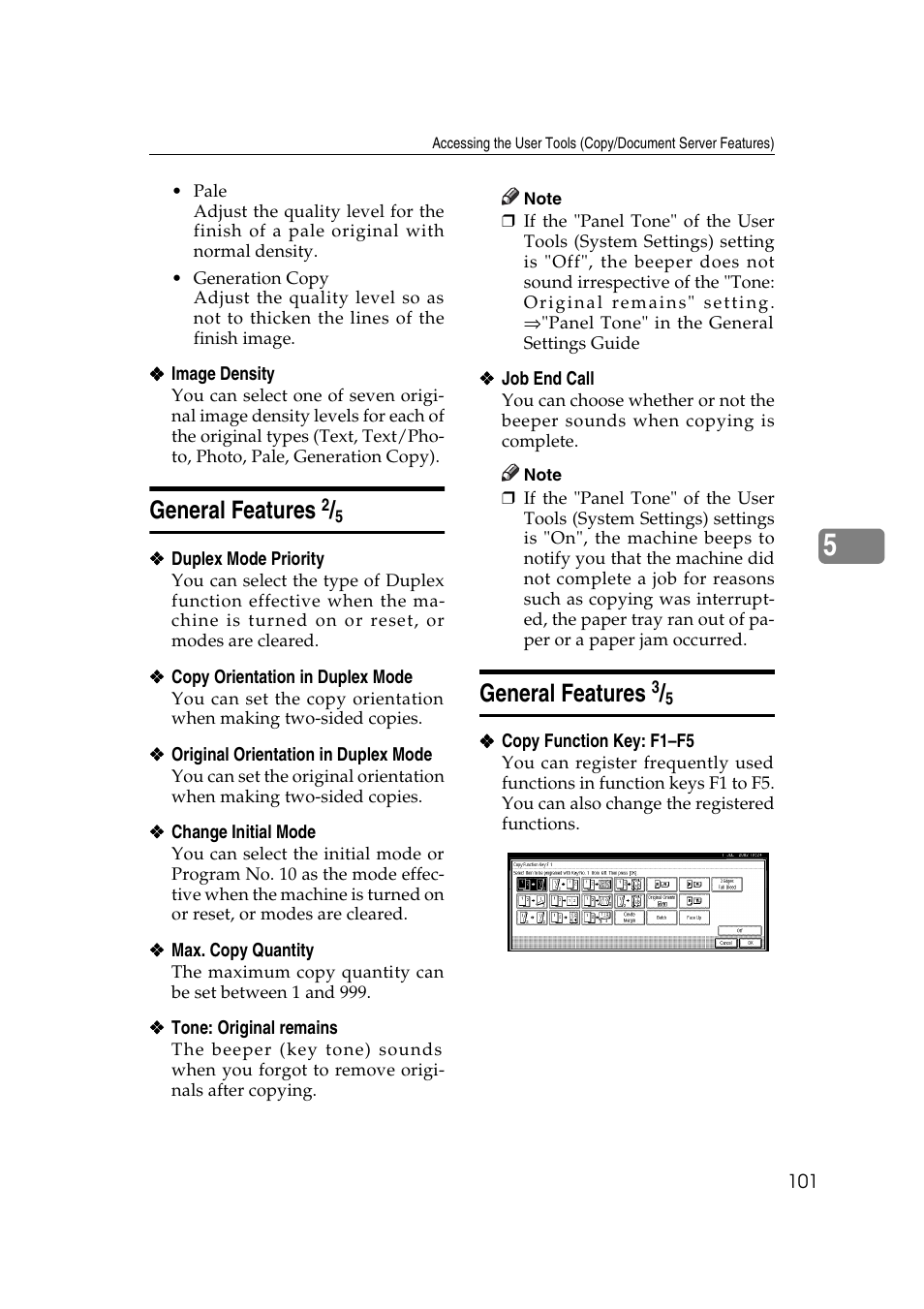 General features, P.101 “duplex mode priority, P.101 “copy function key: f1– f5 | P.101, Copy orientation in duplex mode, P.101 “original orien, Tation in duplex mode, P.101 “max. copy, Quantity, P.101 “general features | Ricoh IS 2075 User Manual | Page 113 / 142