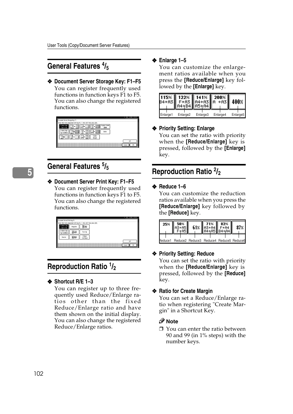 General features, Reproduction ratio, P.102 “ratio for create margin | P.102 “general features, P.102 “reproduction ratio | Ricoh IS 2075 User Manual | Page 114 / 142