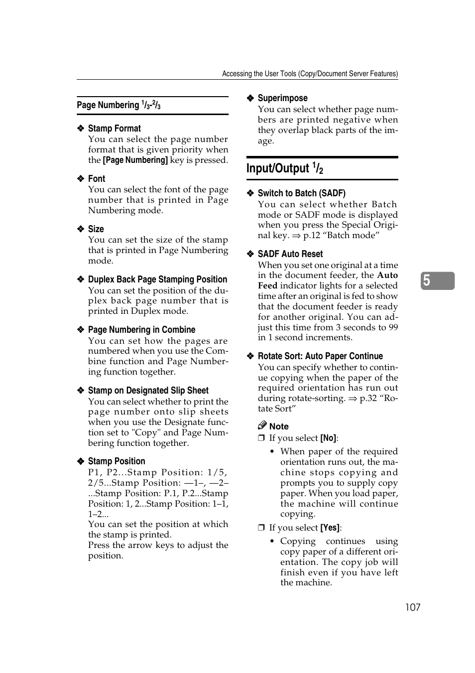 Input/output, P.107 “switch to batch, Sadf) | P.107, Sadf auto reset, P.107 “rotate sort: auto paper continue, P.107 “input/output | Ricoh IS 2075 User Manual | Page 119 / 142