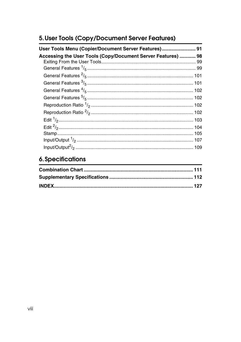 User tools (copy/document server features), Specifications | Ricoh IS 2075 User Manual | Page 12 / 142