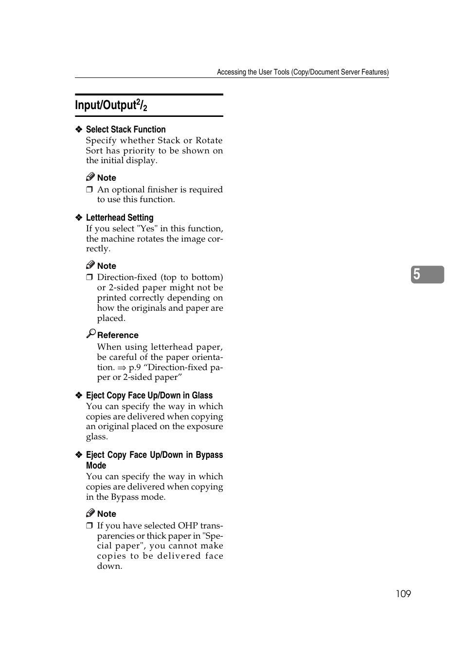 Input/output, P.109, Eject copy face up/down in glass | P.109 “eject, Copy face up/down in bypass mode”. if you s, P.109 “select stack function, P.109 “input/output | Ricoh IS 2075 User Manual | Page 121 / 142