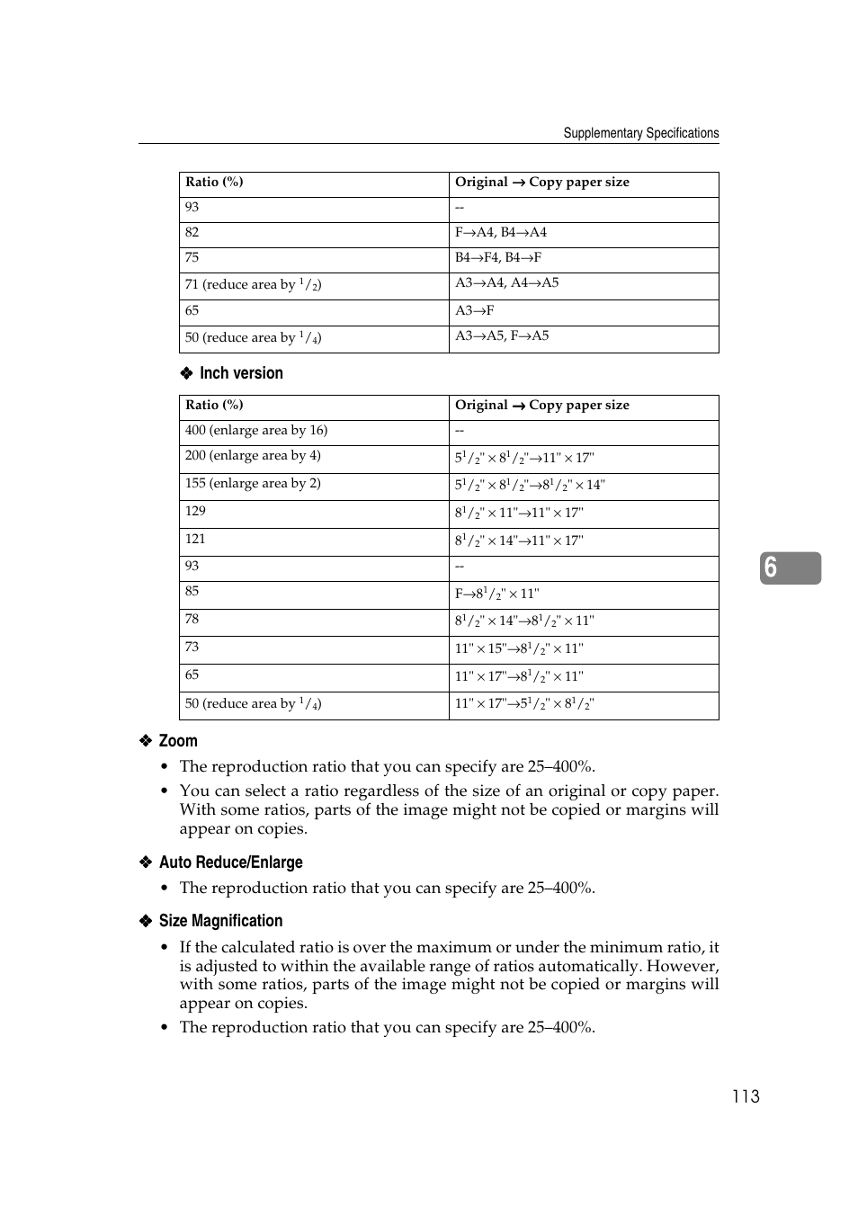 Inch version ❖ ❖ ❖ ❖ zoom, Auto reduce/enlarge, Size magnification | Ricoh IS 2075 User Manual | Page 125 / 142