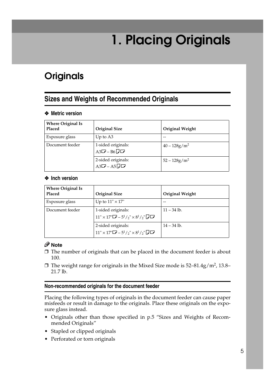 Placing originals, Originals, Sizes and weights of recommended originals | Ricoh IS 2075 User Manual | Page 17 / 142