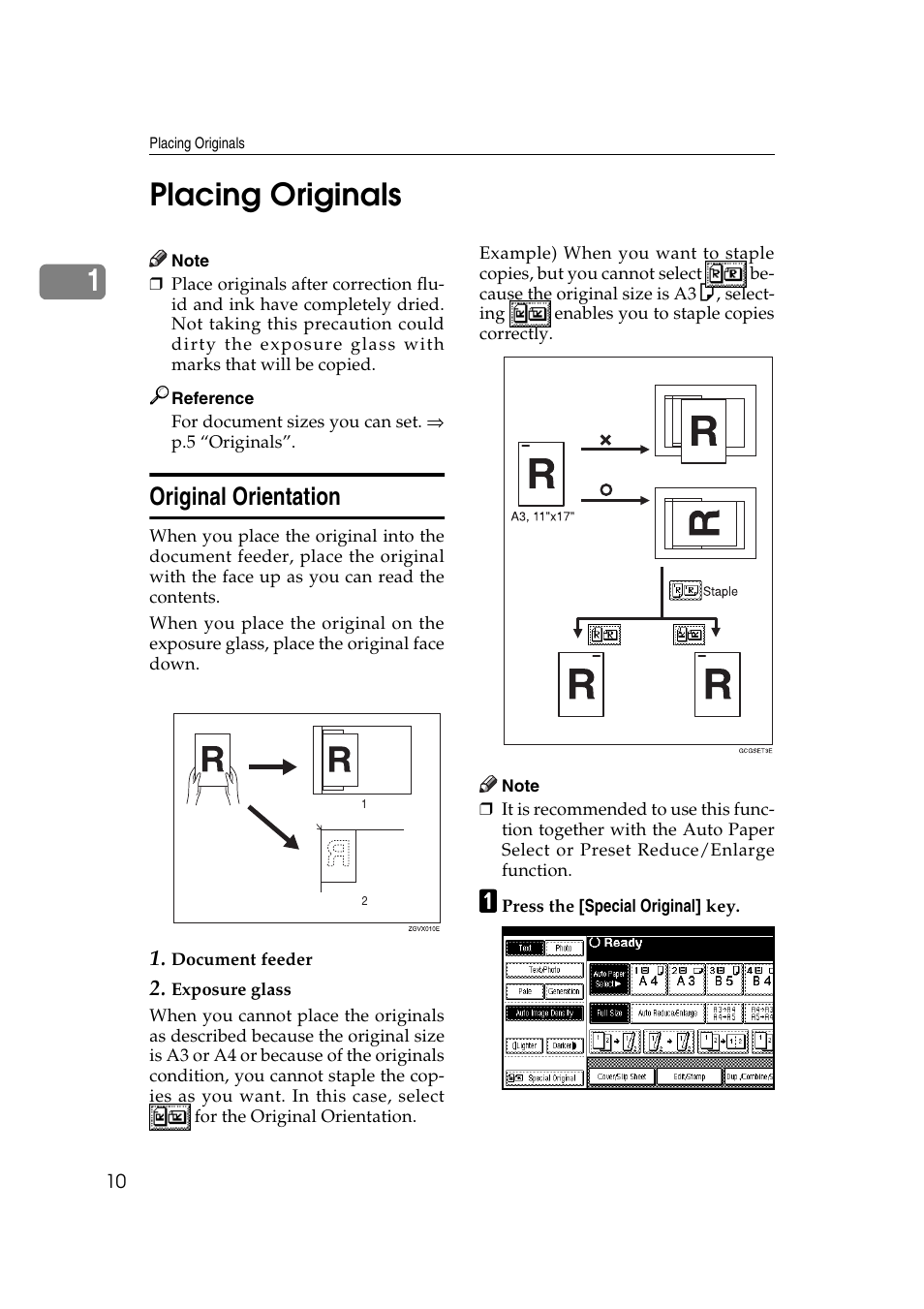Placing originals, Original orientation, 1placing originals | Ricoh IS 2075 User Manual | Page 22 / 142