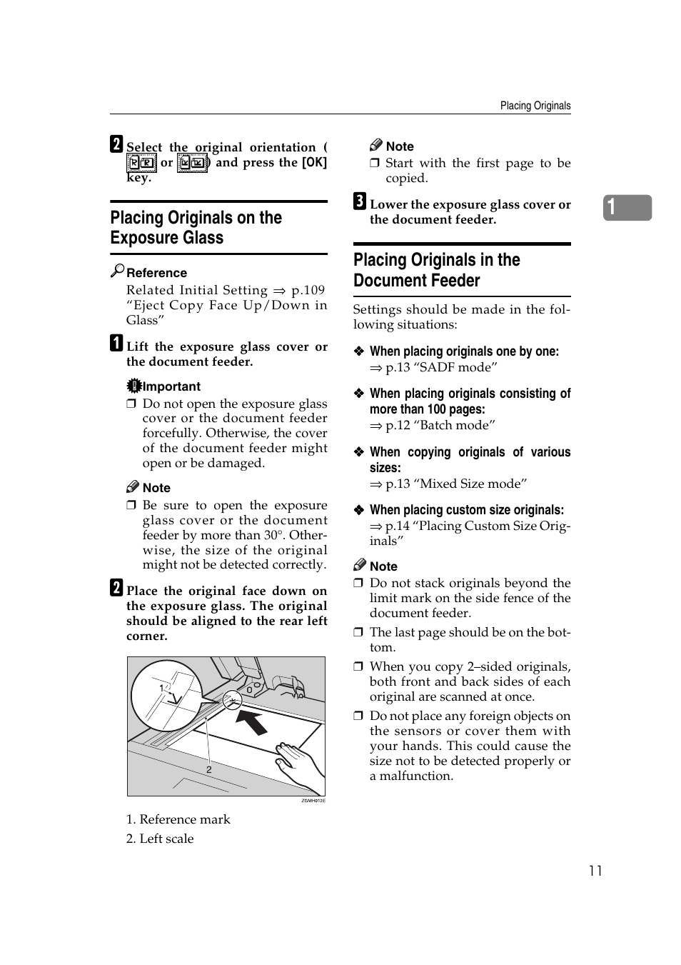 Placing originals on the exposure glass, Placing originals in the document feeder | Ricoh IS 2075 User Manual | Page 23 / 142