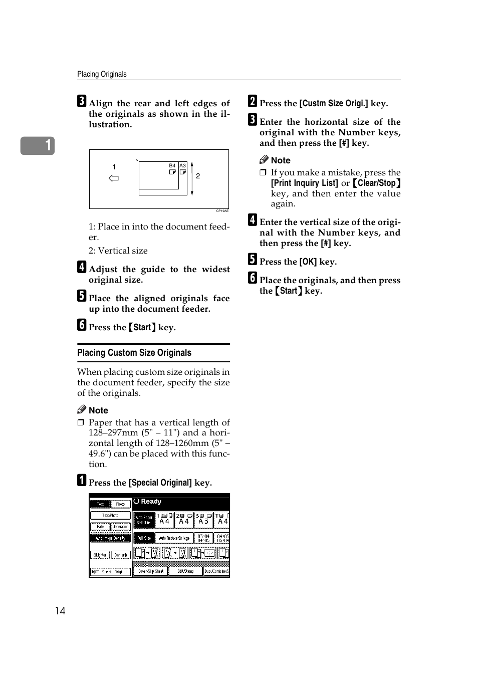 P.14 “placing custom size orig- inals | Ricoh IS 2075 User Manual | Page 26 / 142