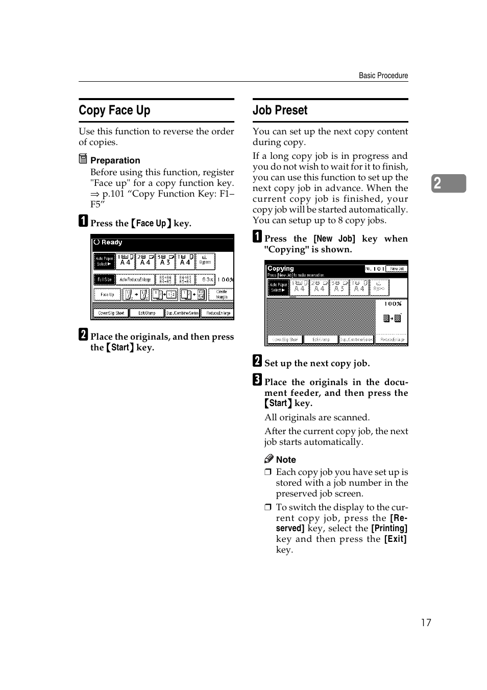 Copy face up job preset, Copy face up, Job preset | Ricoh IS 2075 User Manual | Page 29 / 142
