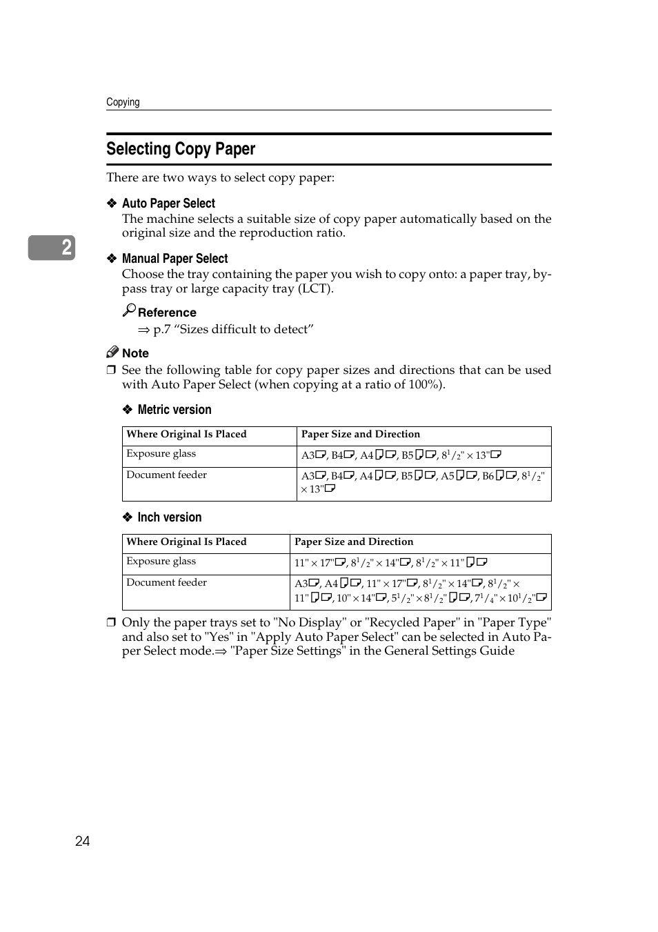 Selecting copy paper, Auto paper select, Manual paper select | Metric version ❖ ❖ ❖ ❖ inch version | Ricoh IS 2075 User Manual | Page 36 / 142
