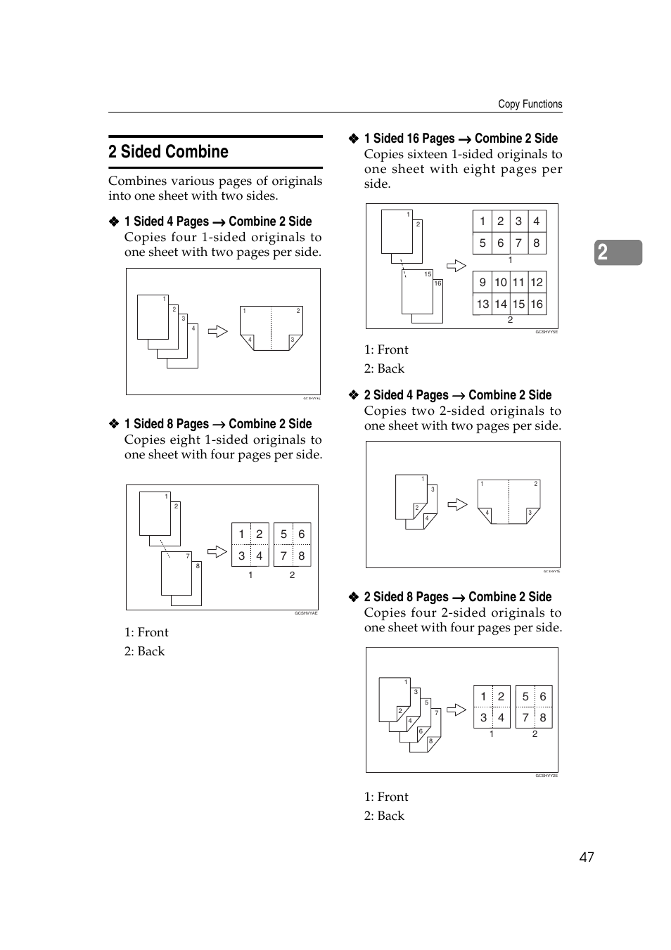 2 sided combine, 1 sided 4 pages → → → → combine 2 side, 1 sided 8 pages → → → → combine 2 side | 1 sided 16 pages → → → → combine 2 side, 2 sided 4 pages → → → → combine 2 side, 2 sided 8 pages → → → → combine 2 side | Ricoh IS 2075 User Manual | Page 59 / 142