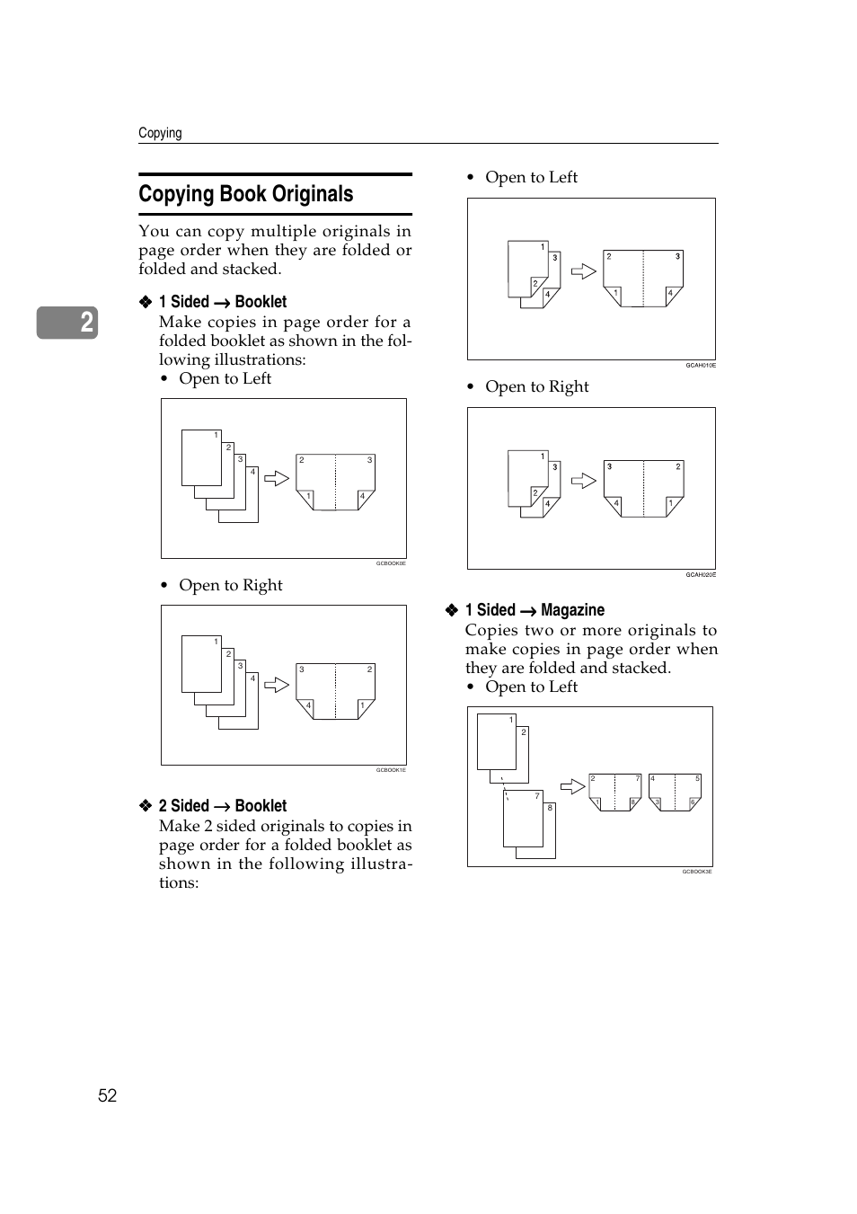 Copying book originals, 1 sided → → → → booklet, 2 sided → → → → booklet | 1 sided → → → → magazine | Ricoh IS 2075 User Manual | Page 64 / 142