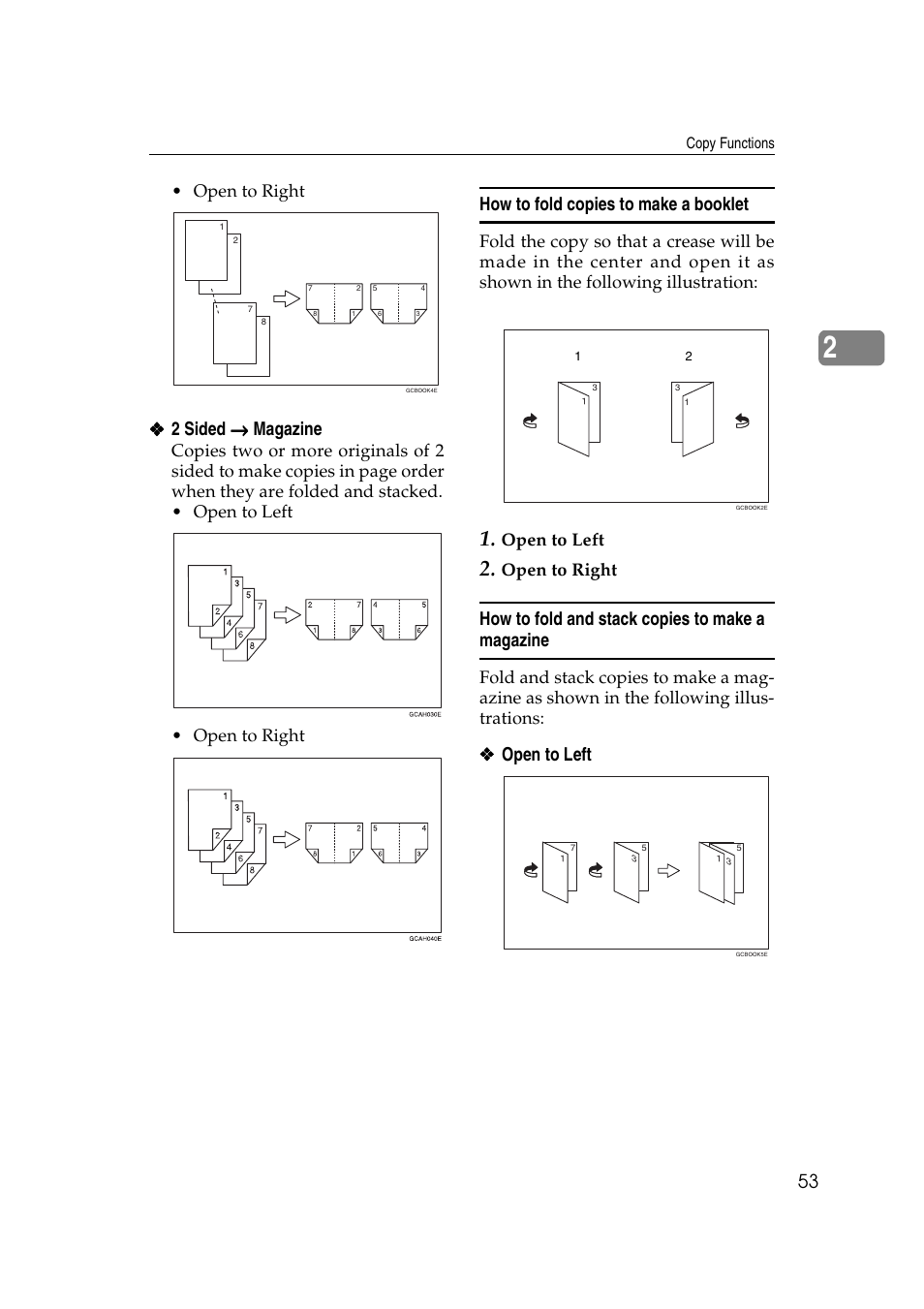 2 sided → → → → magazine, How to fold copies to make a booklet, How to fold and stack copies to make a magazine | Open to right, Open to left | Ricoh IS 2075 User Manual | Page 65 / 142