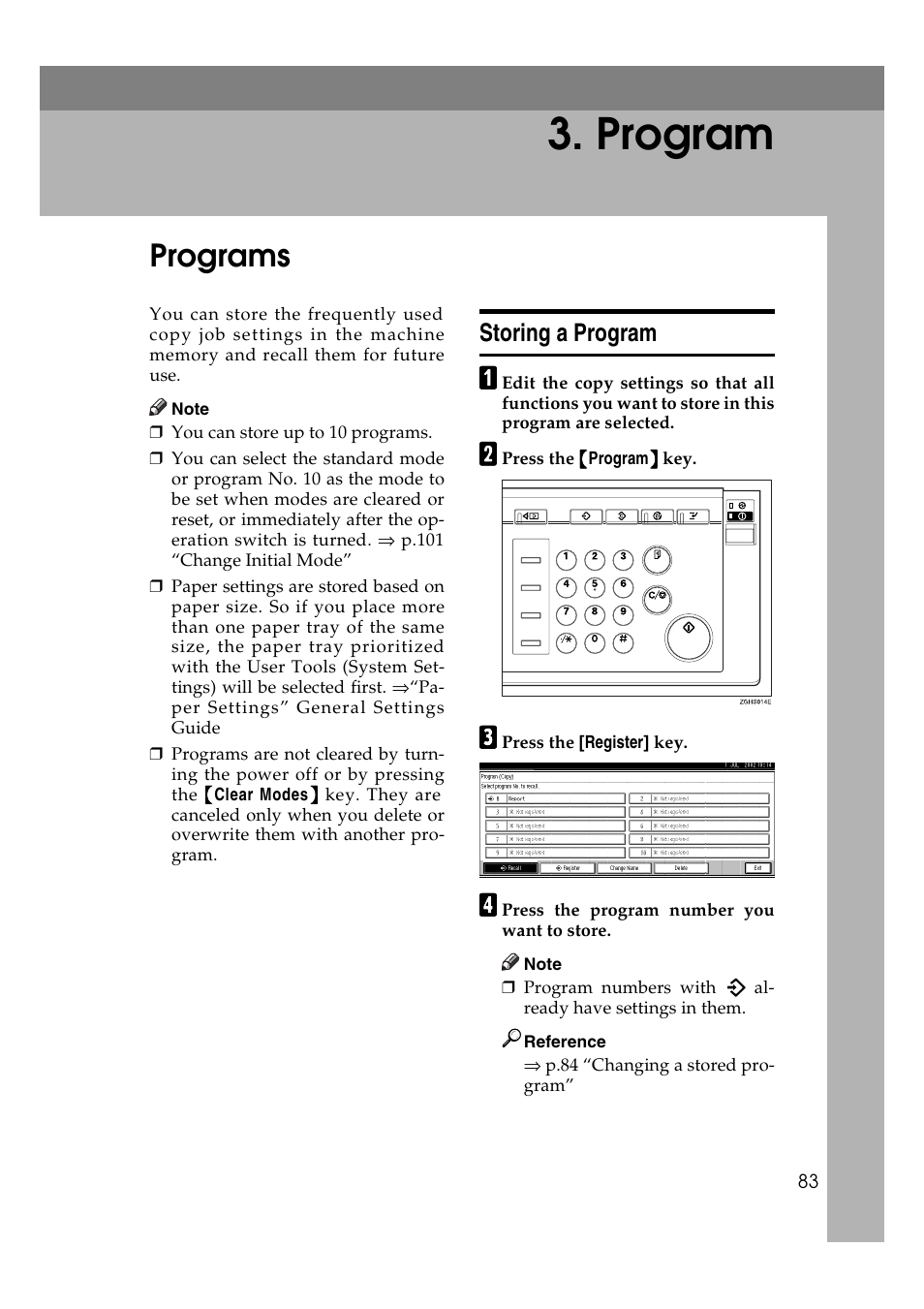 P.83, Programs, Program | Storing a program, P.83 “program | Ricoh IS 2075 User Manual | Page 95 / 142
