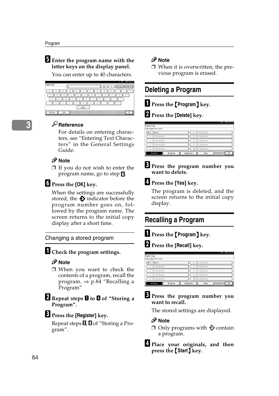 Deleting a program recalling a program, Deleting a program, Recalling a program | Ricoh IS 2075 User Manual | Page 96 / 142