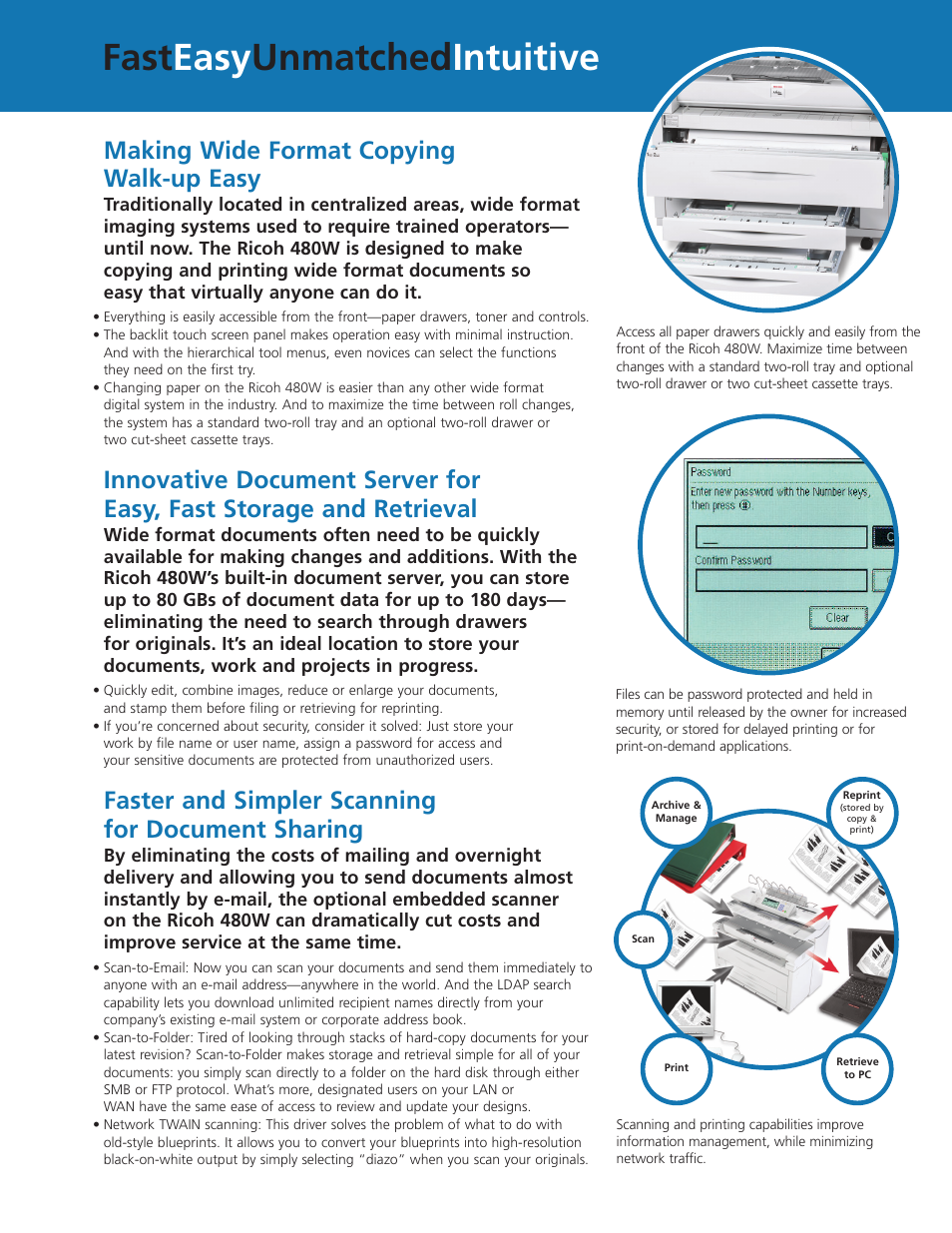 Fast easy unmatched intuitive, Making wide format copying walk-up easy, Faster and simpler scanning for document sharing | Ricoh 480W User Manual | Page 4 / 6