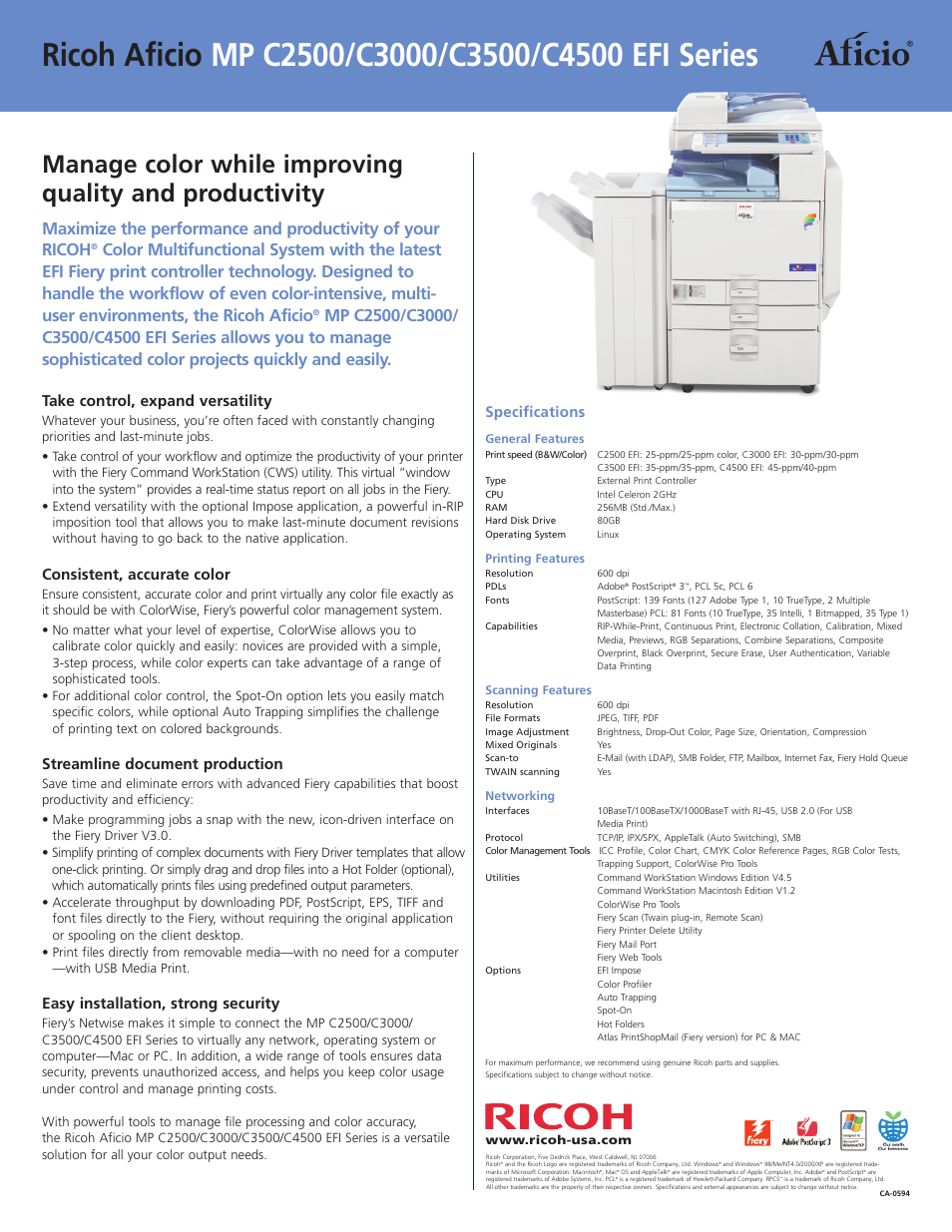 Take control, expand versatility, Consistent, accurate color, Streamline document production | Easy installation, strong security, Specifications | Ricoh Aficio MP C3000 Series User Manual | Page 2 / 2