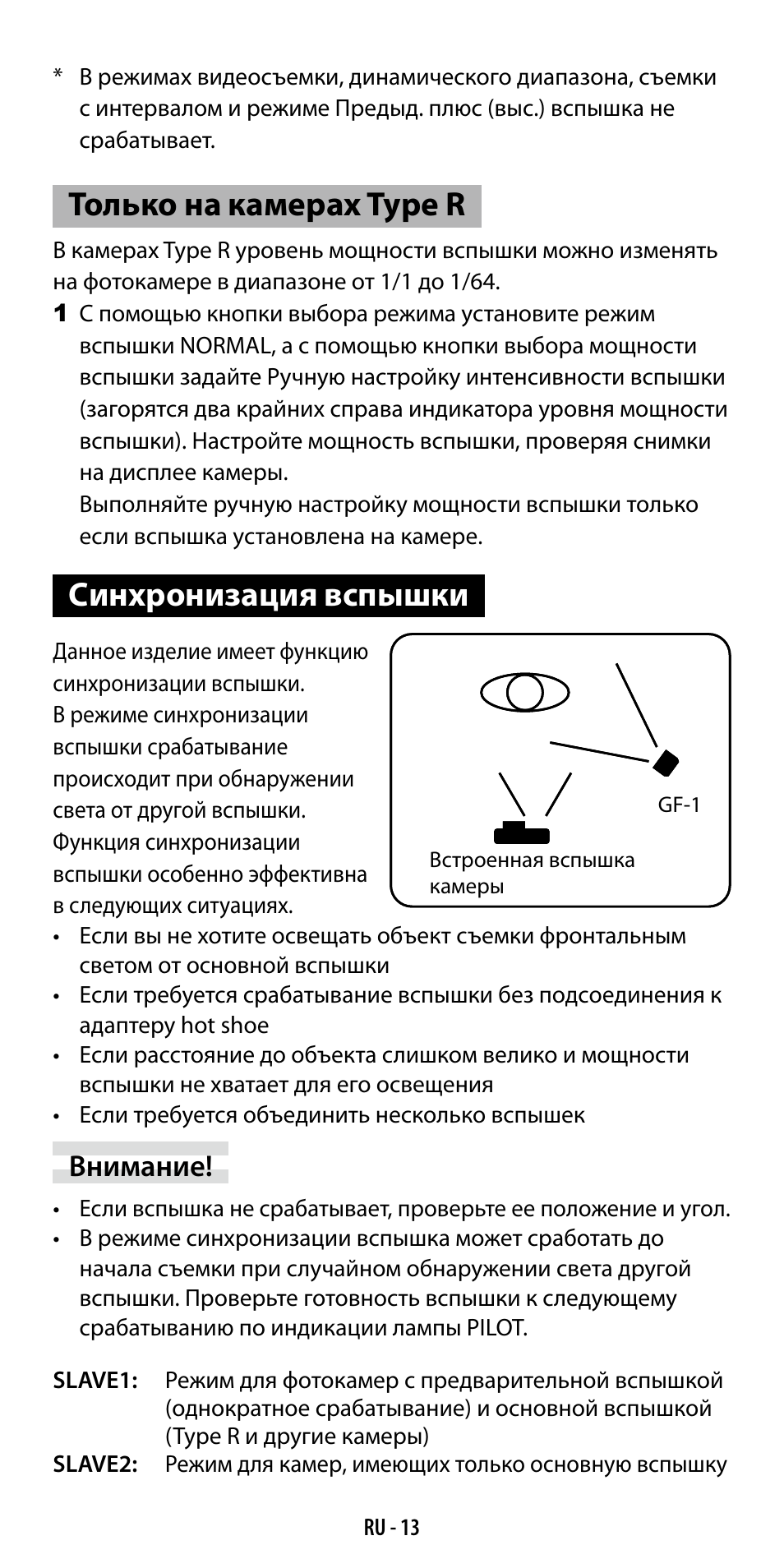 Только на камерах type r, Синхронизация вспышки, Внимание | Ricoh GF-1 User Manual | Page 109 / 116