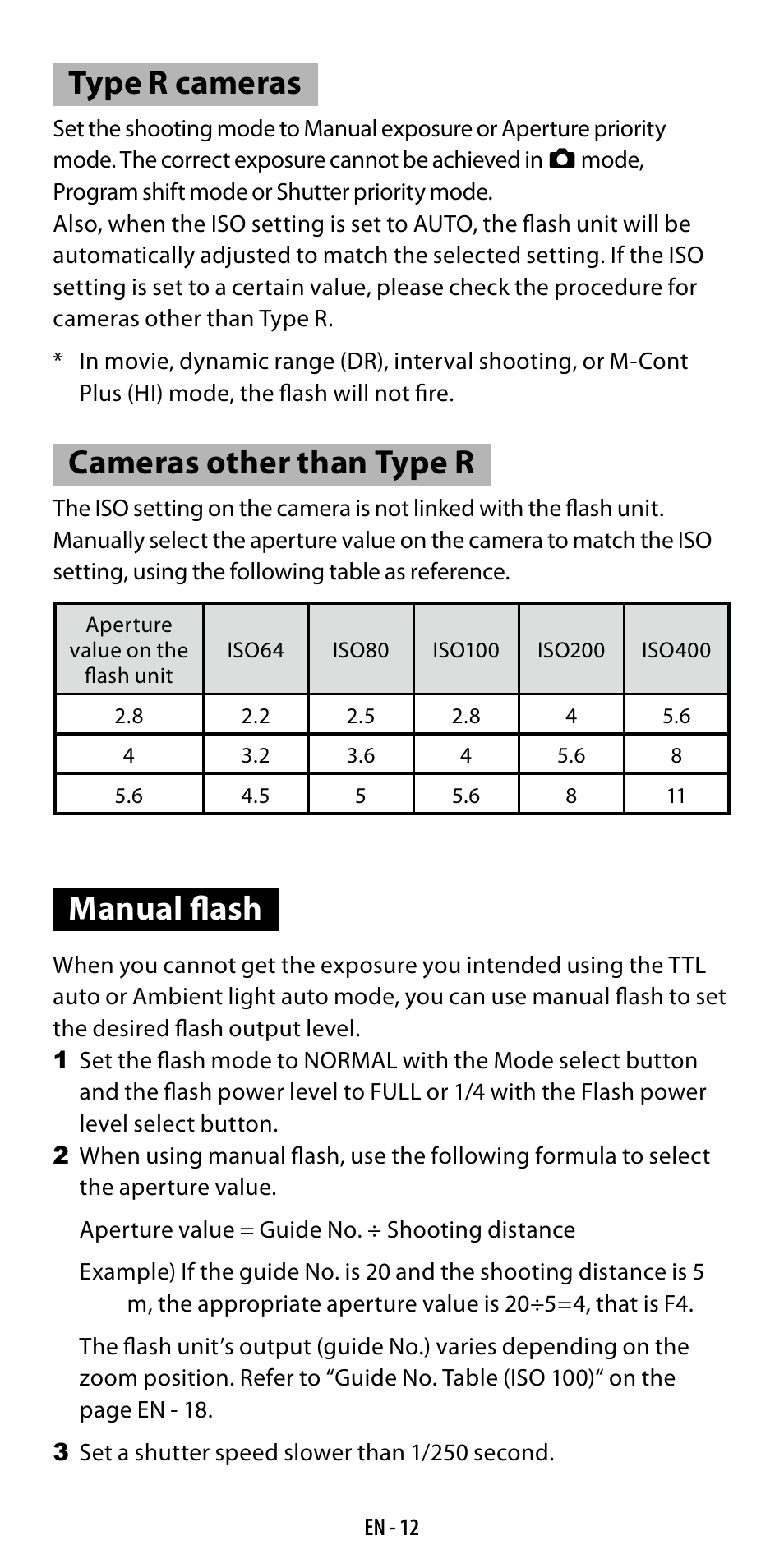 Type r cameras, Cameras other than type r, Manual flash | Ricoh GF-1 User Manual | Page 13 / 116